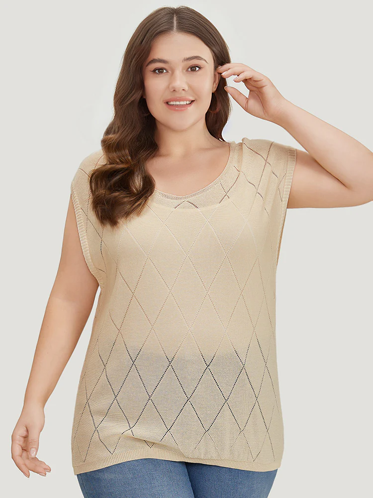 Lightweight Argyle Eyelet Batwing Sleeve Pullover - Image 3