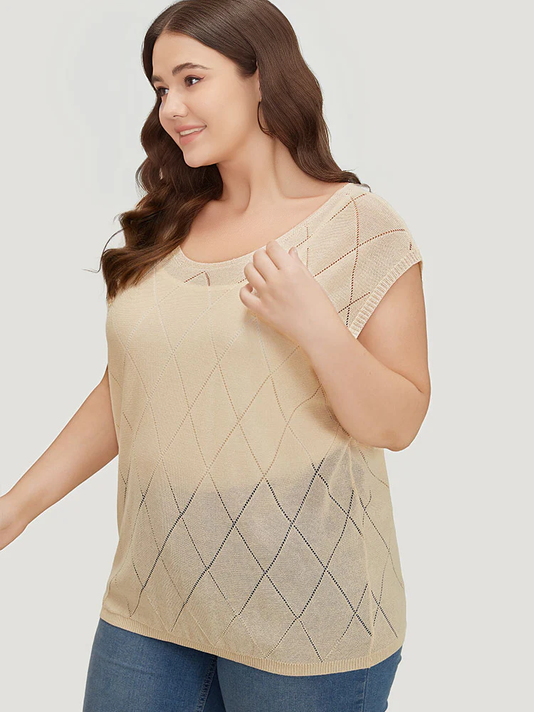 Lightweight Argyle Eyelet Batwing Sleeve Pullover - Image 5