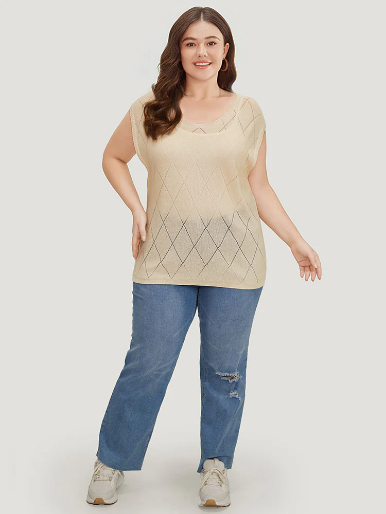 Lightweight Argyle Eyelet Batwing Sleeve Pullover - Image 6