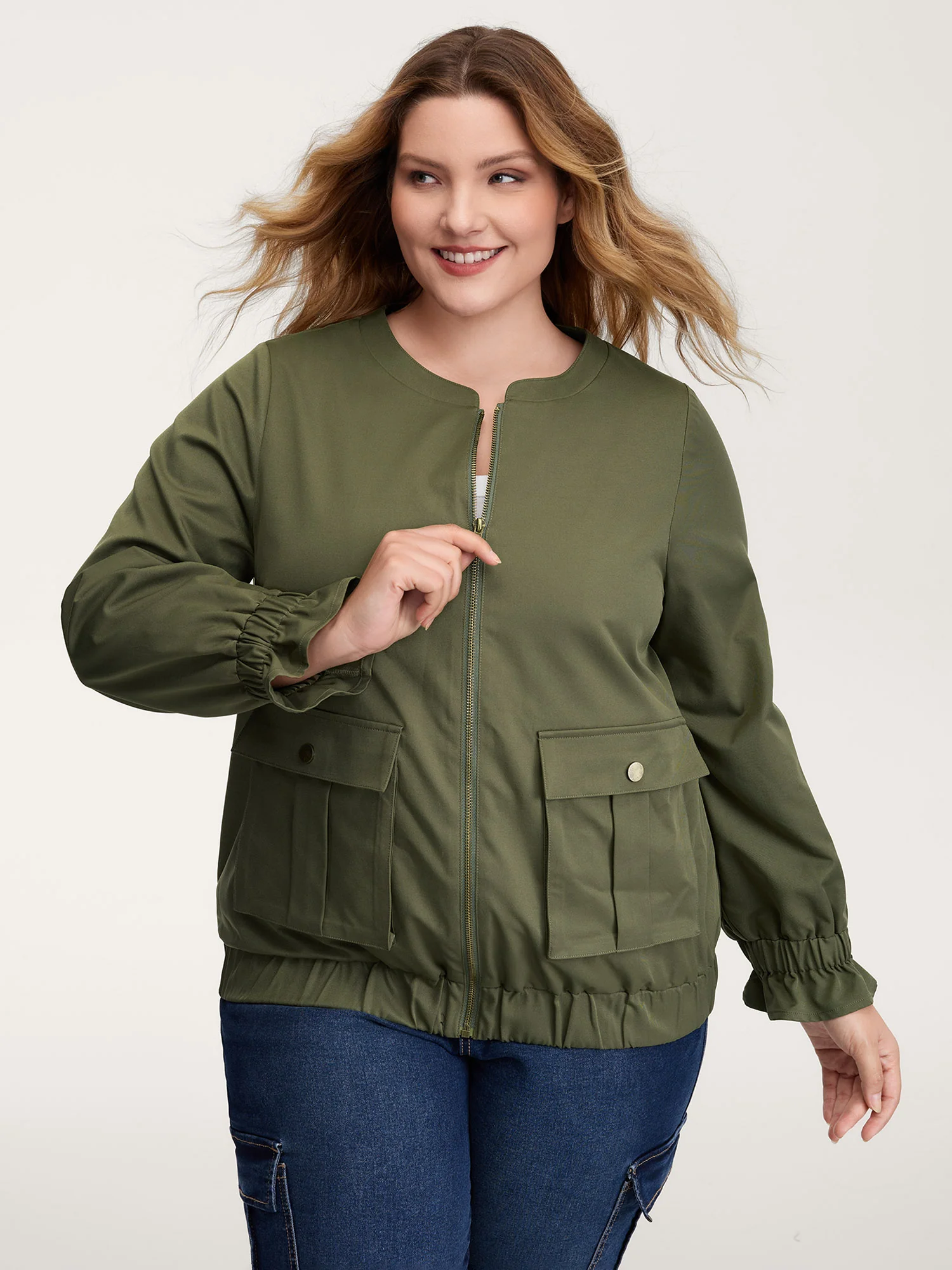 Lined Pockets Shirred Cuffs Zipper Jacket - Image 2