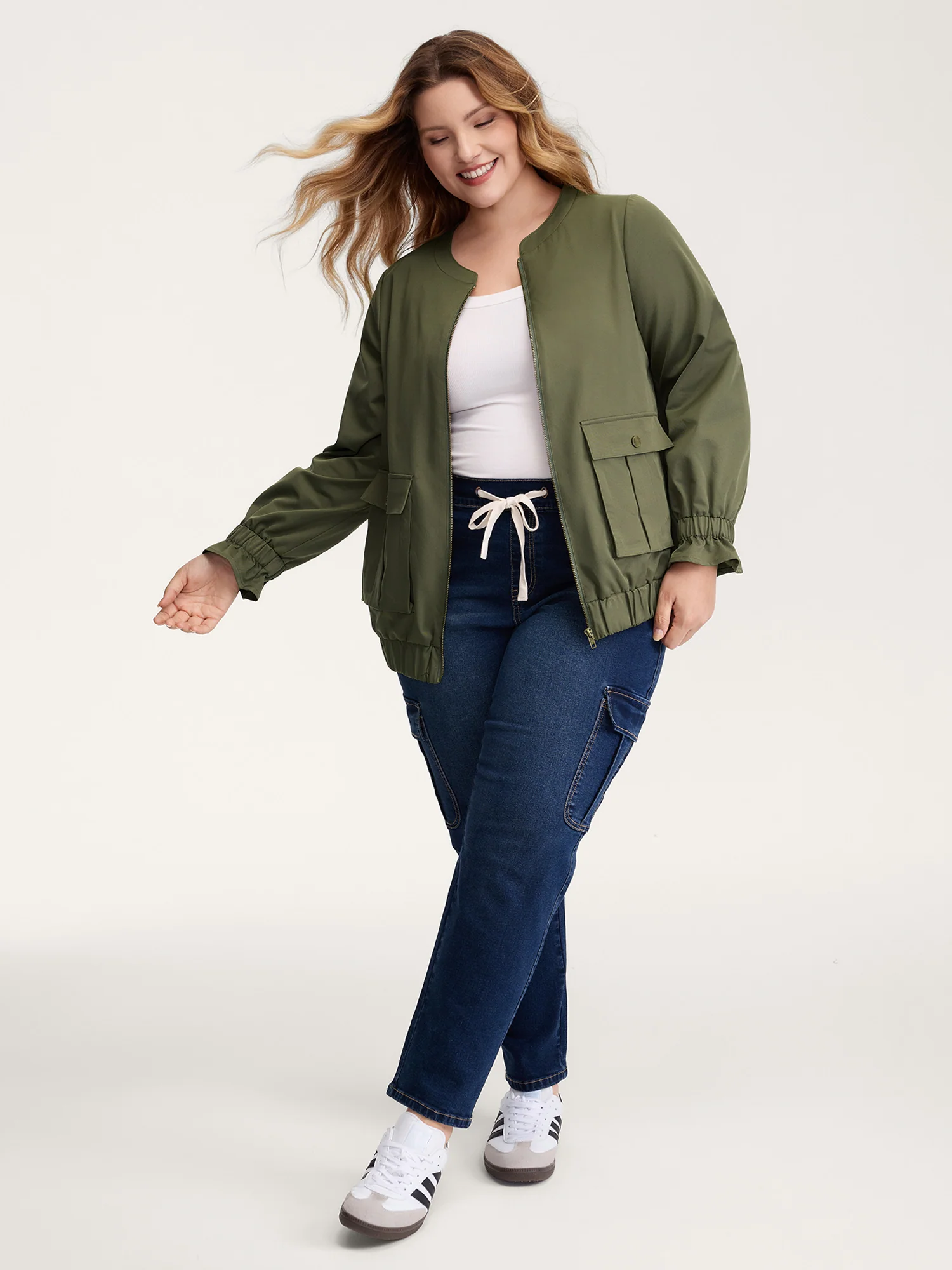 Lined Pockets Shirred Cuffs Zipper Jacket - Image 3