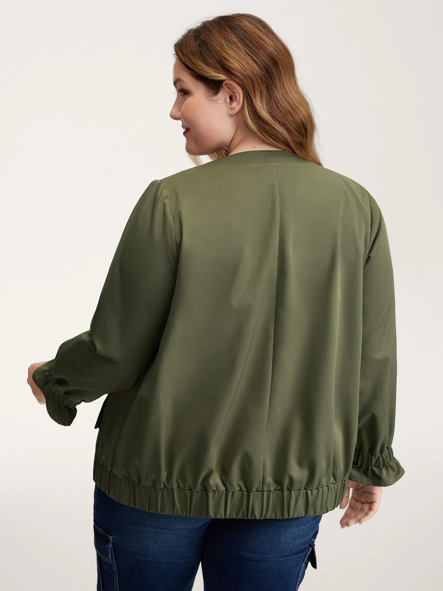Lined Pockets Shirred Cuffs Zipper Jacket - Image 4