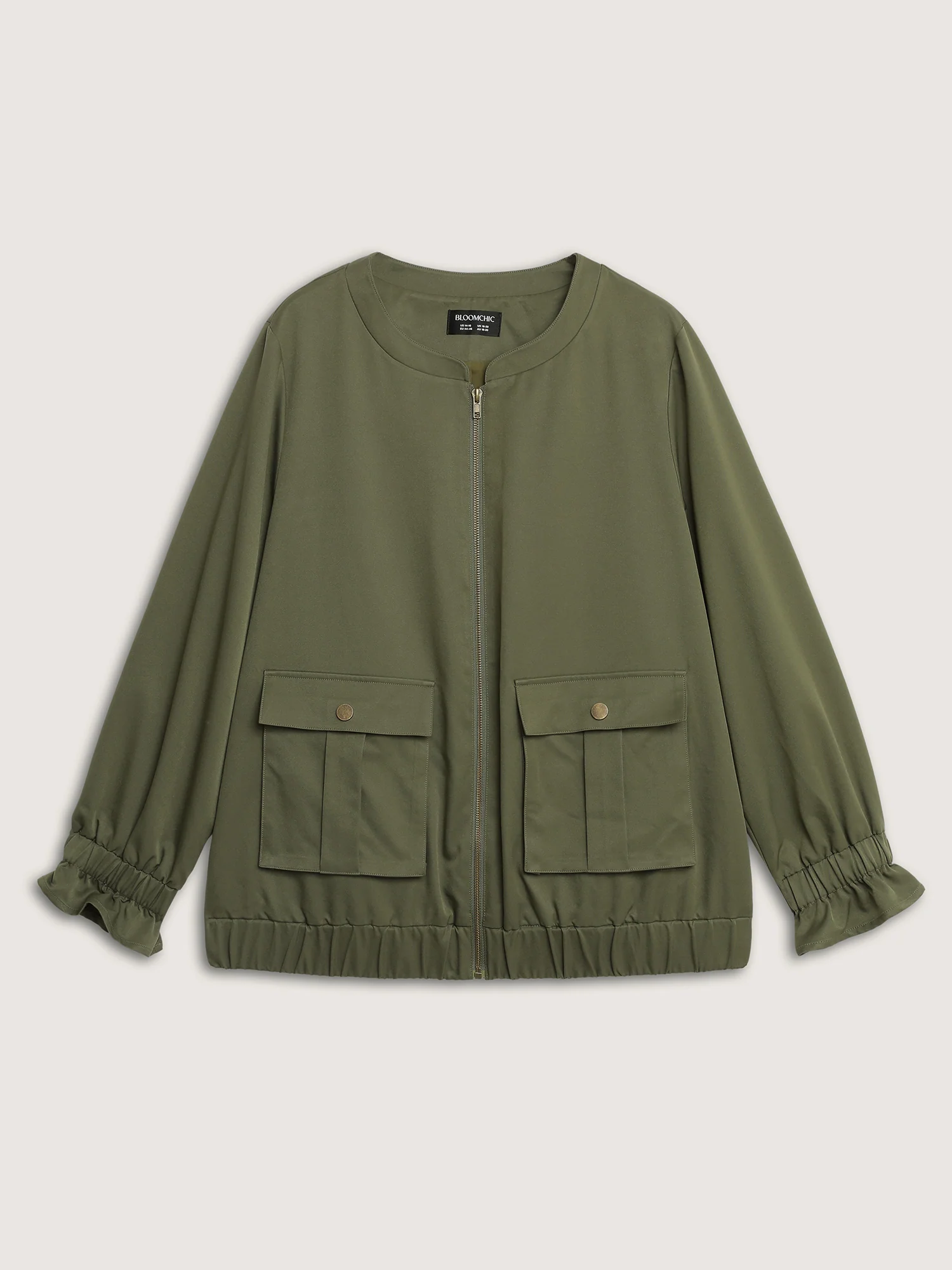Lined Pockets Shirred Cuffs Zipper Jacket - Image 8