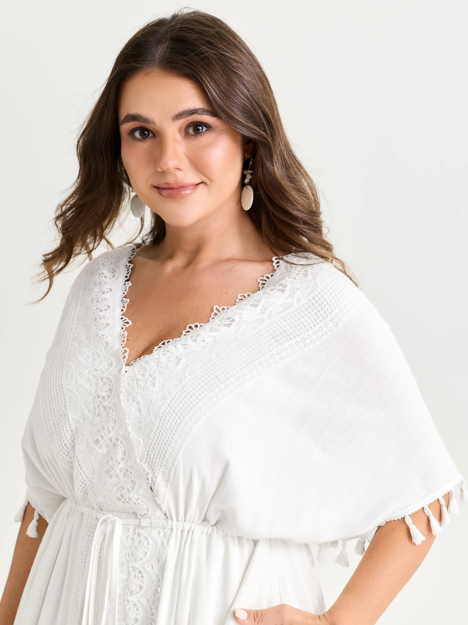 Linen Blend Lace Trim Tassel Detail Midi Dress - Image 2