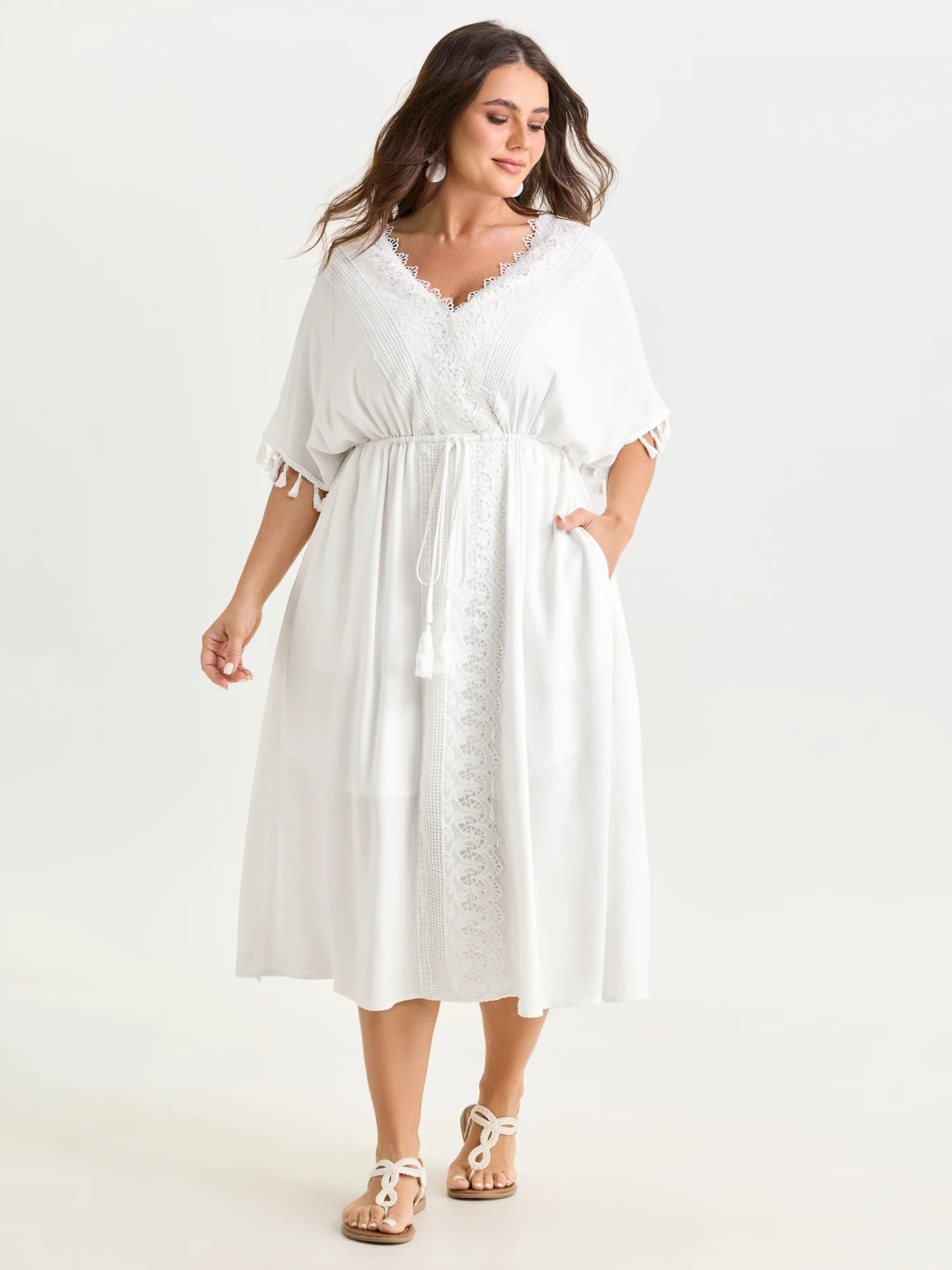 Linen Blend Lace Trim Tassel Detail Midi Dress - Image 3