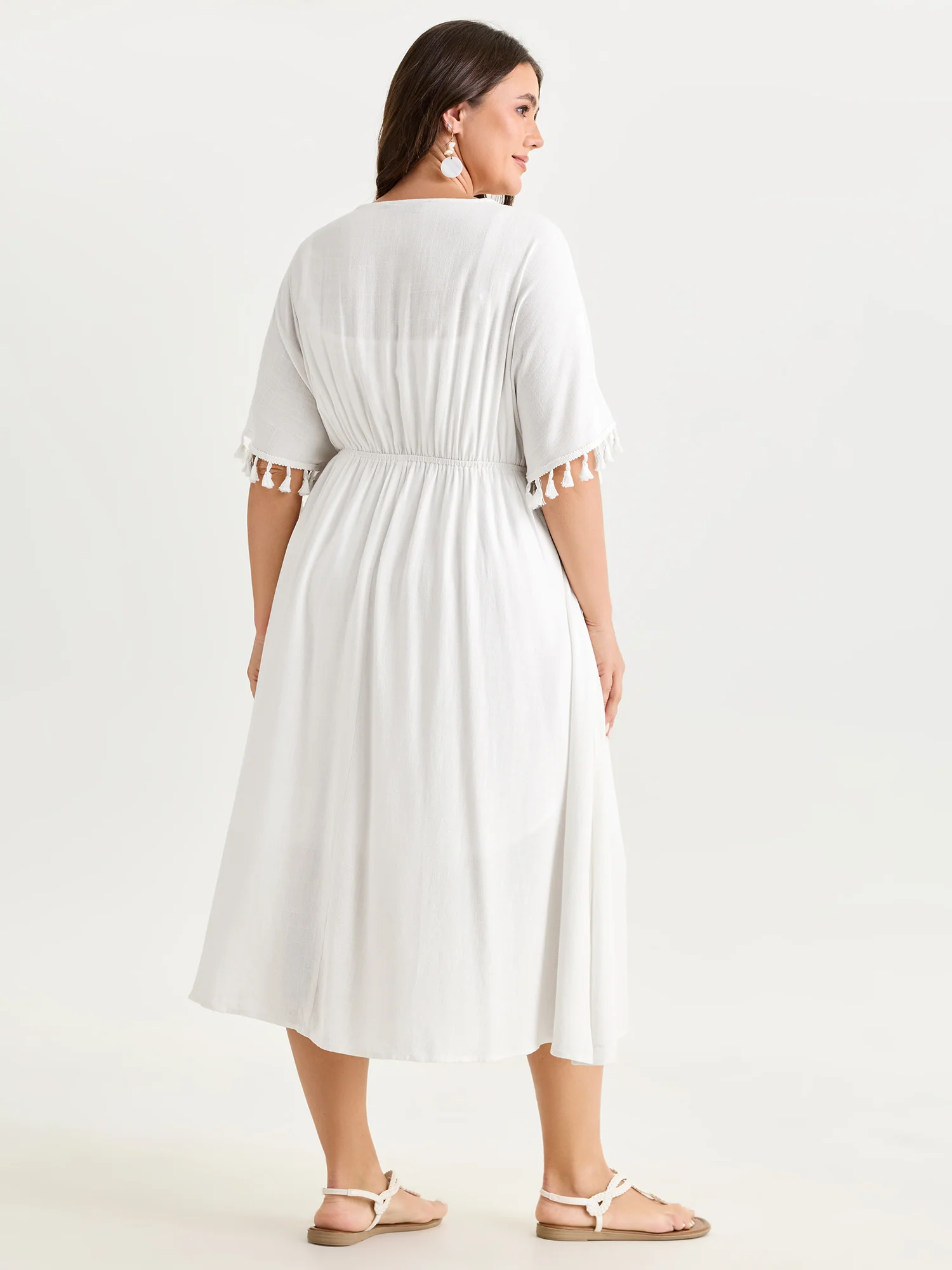 Linen Blend Lace Trim Tassel Detail Midi Dress - Image 5