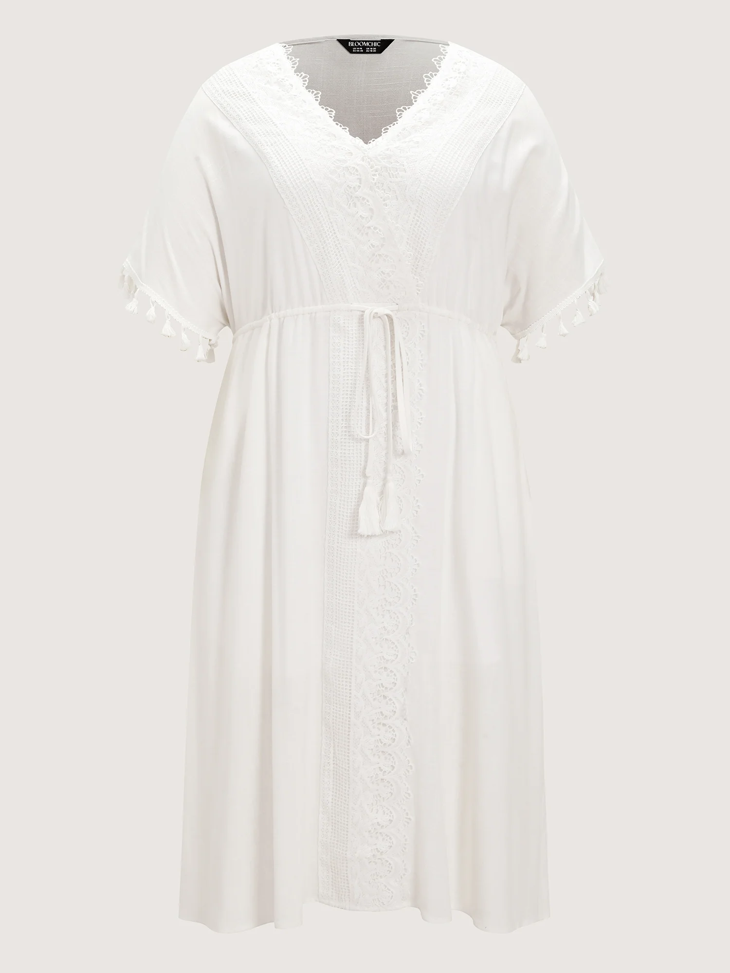 Linen Blend Lace Trim Tassel Detail Midi Dress - Image 6