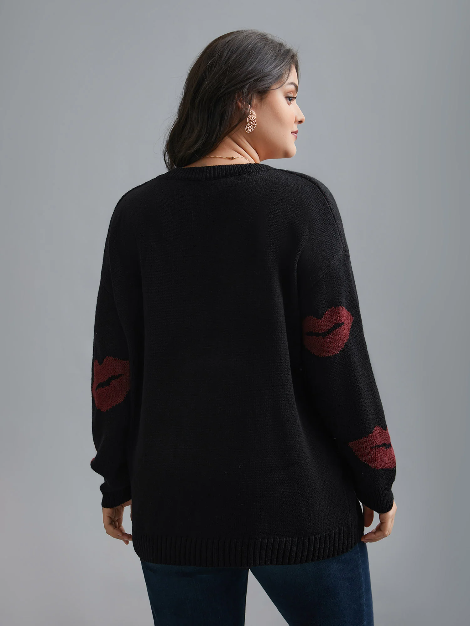 Lip Print Contrast Knit Pullover - Image 2