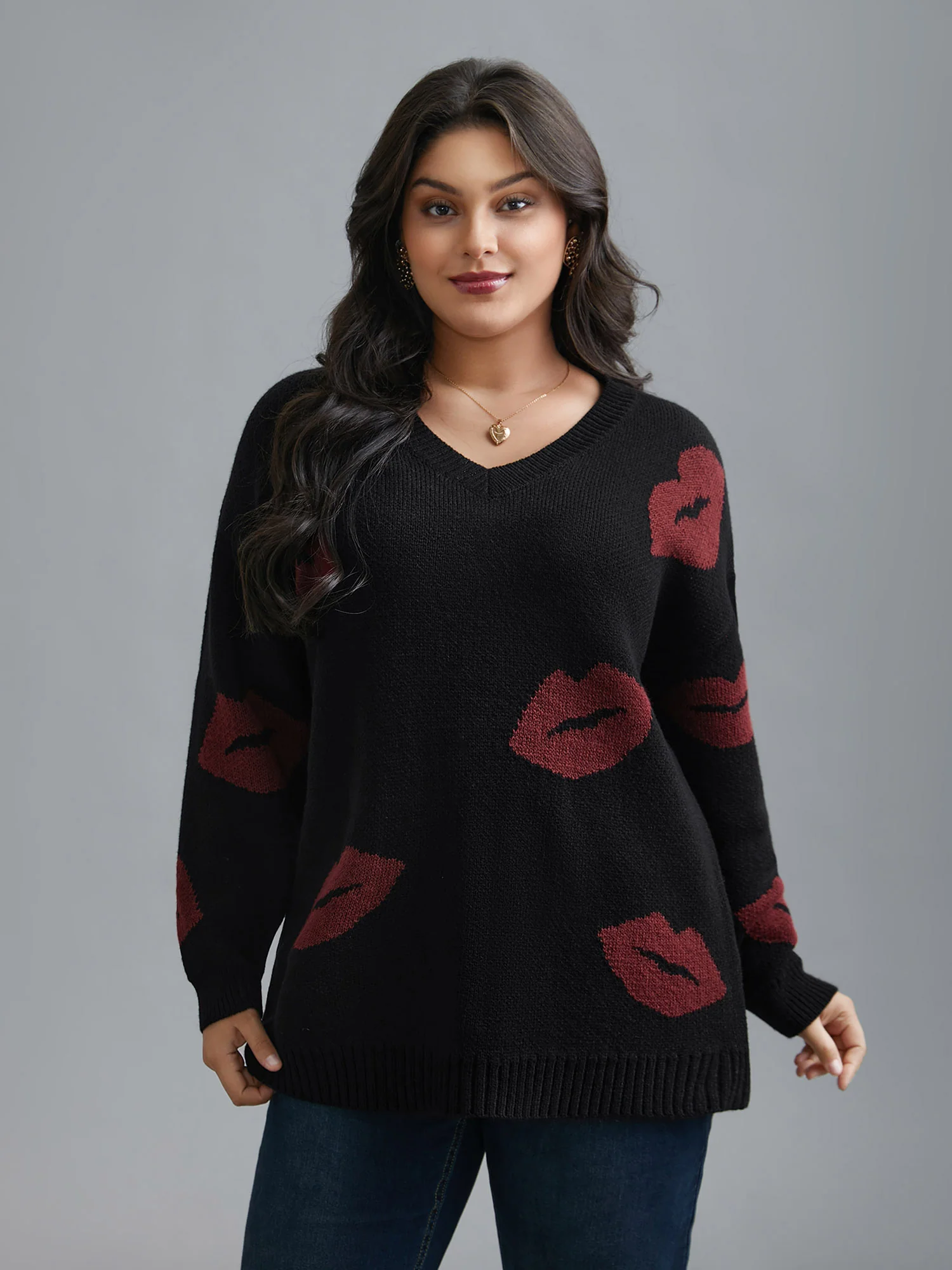 Lip Print Contrast Knit Pullover - Image 4