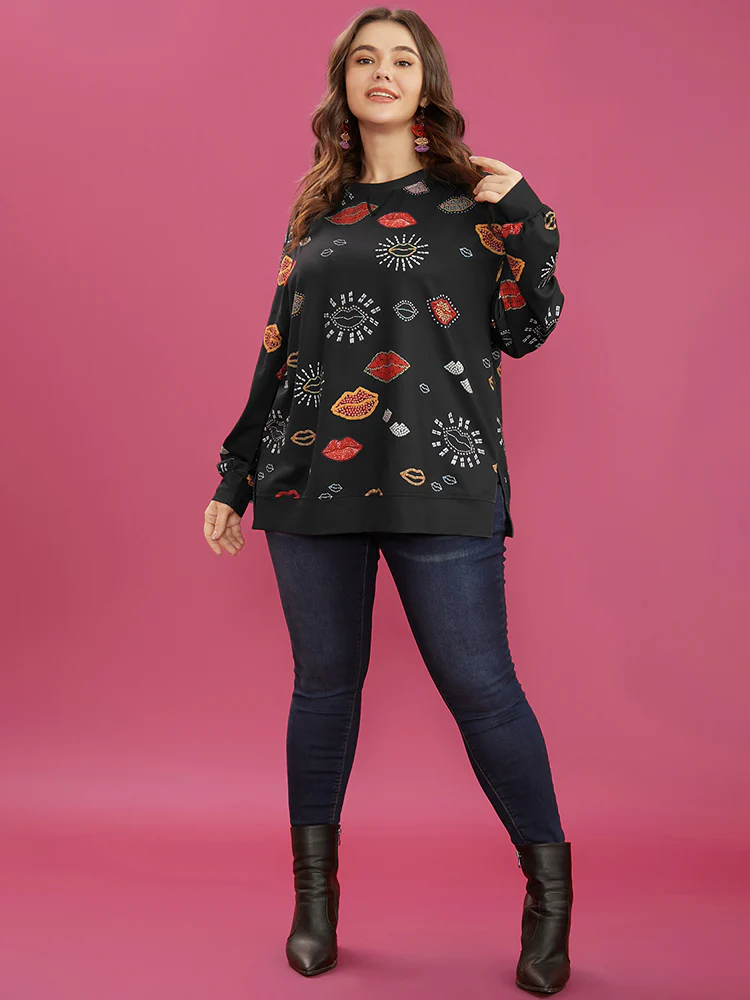Lip Print Split Hem Drop Shoulder Sweatshirt - Image 2