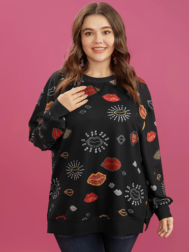 Lip Print Split Hem Drop Shoulder Sweatshirt - Image 3