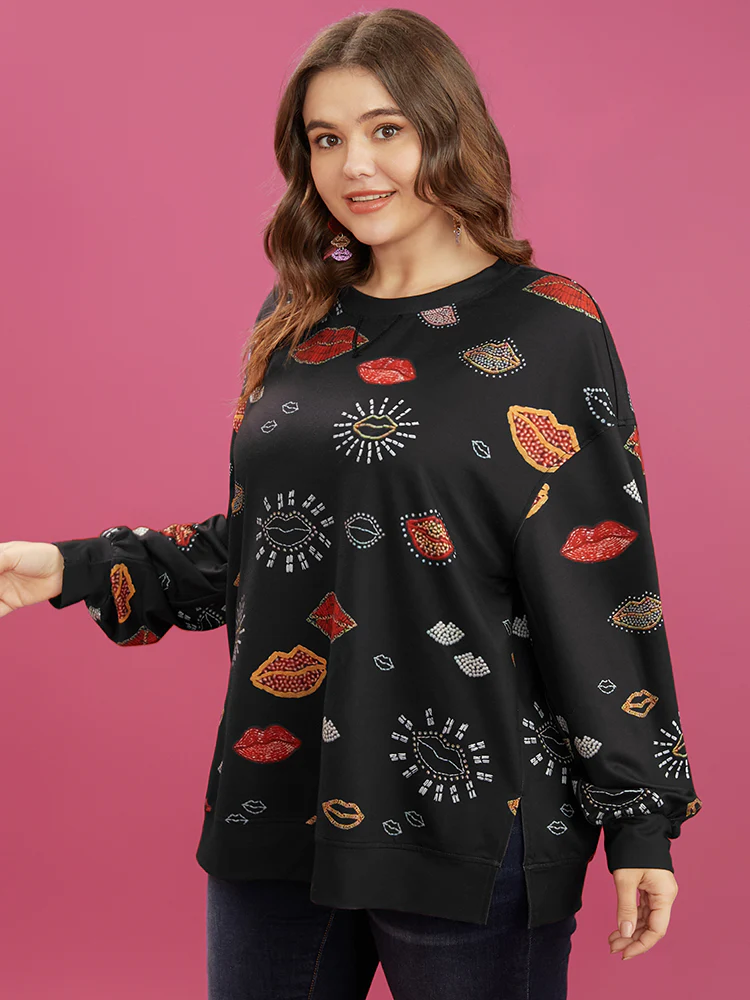 Lip Print Split Hem Drop Shoulder Sweatshirt - Image 4