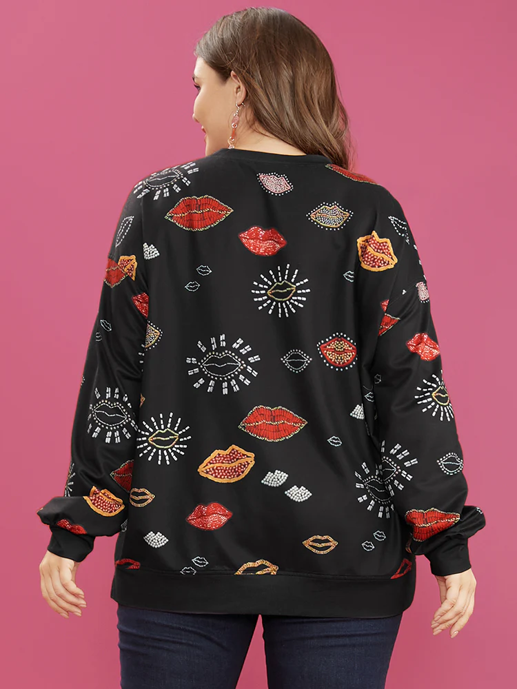 Lip Print Split Hem Drop Shoulder Sweatshirt - Image 5
