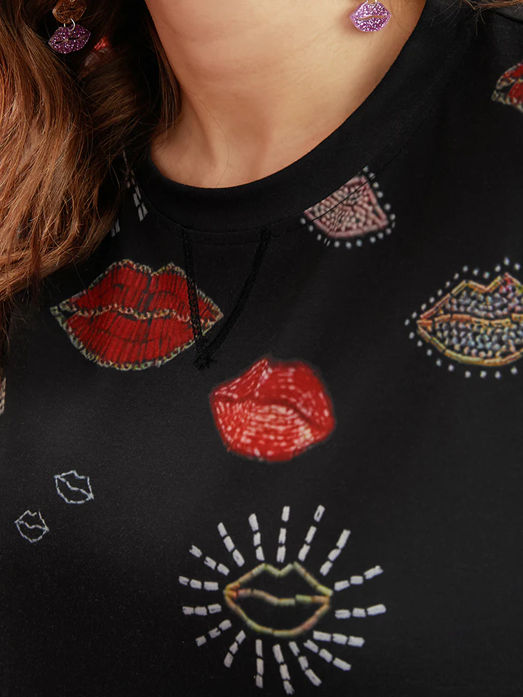 Lip Print Split Hem Drop Shoulder Sweatshirt - Image 7