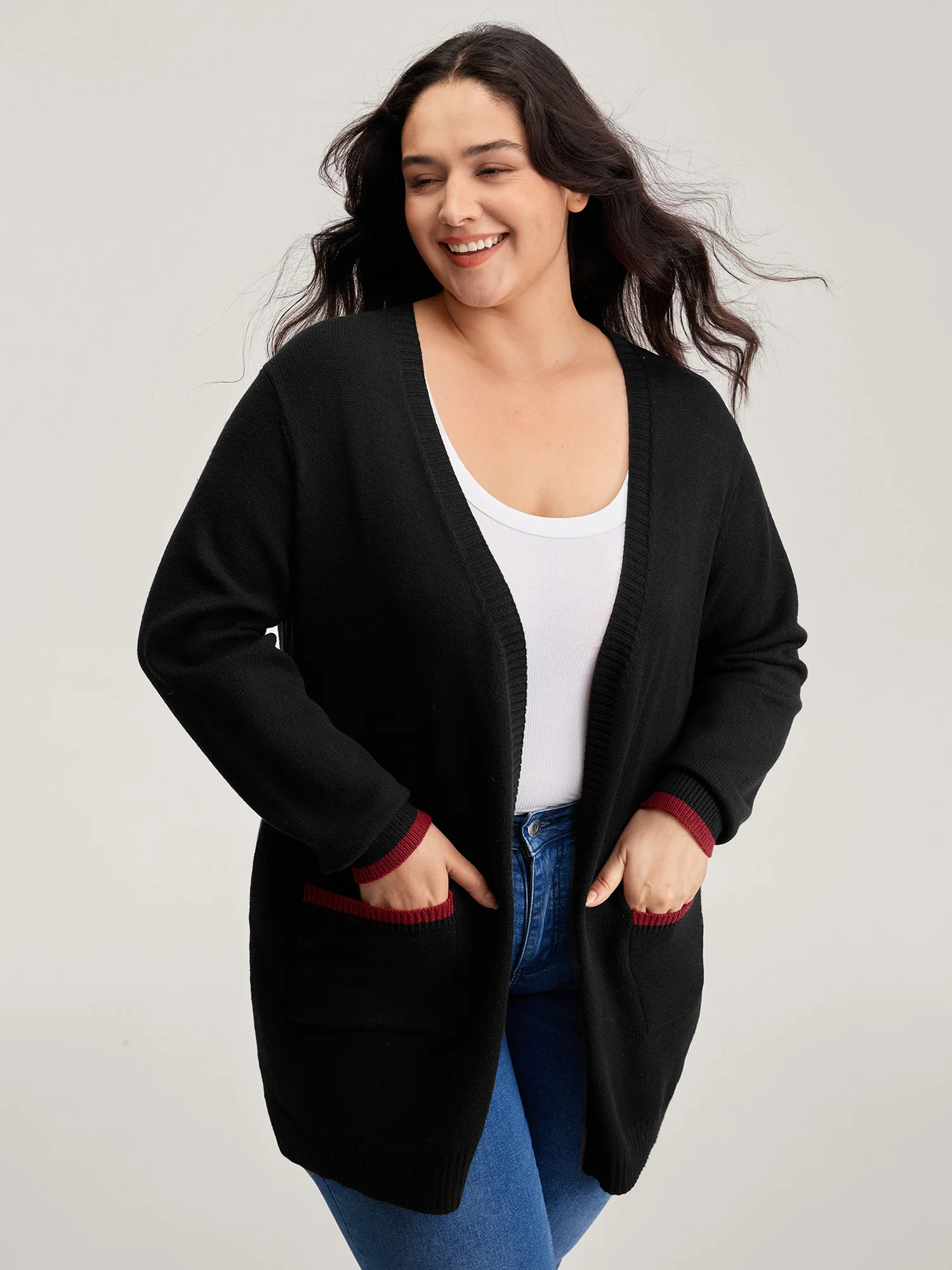 Lobster Jacquard Pockets Color Block Knit Cardigan - Image 2