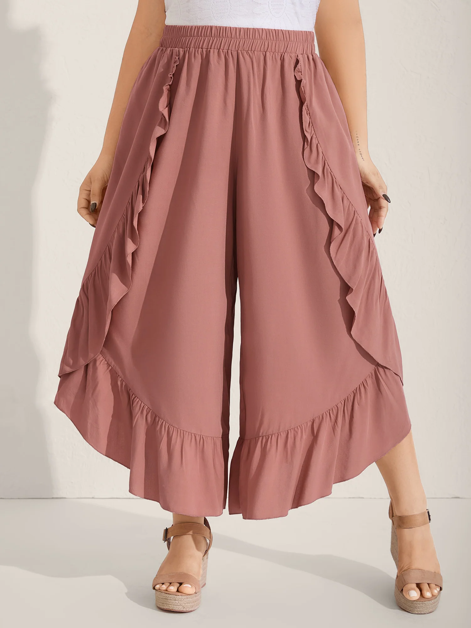 Lotus Leaf Edge Solid Wide-Leg Pants - Image 2
