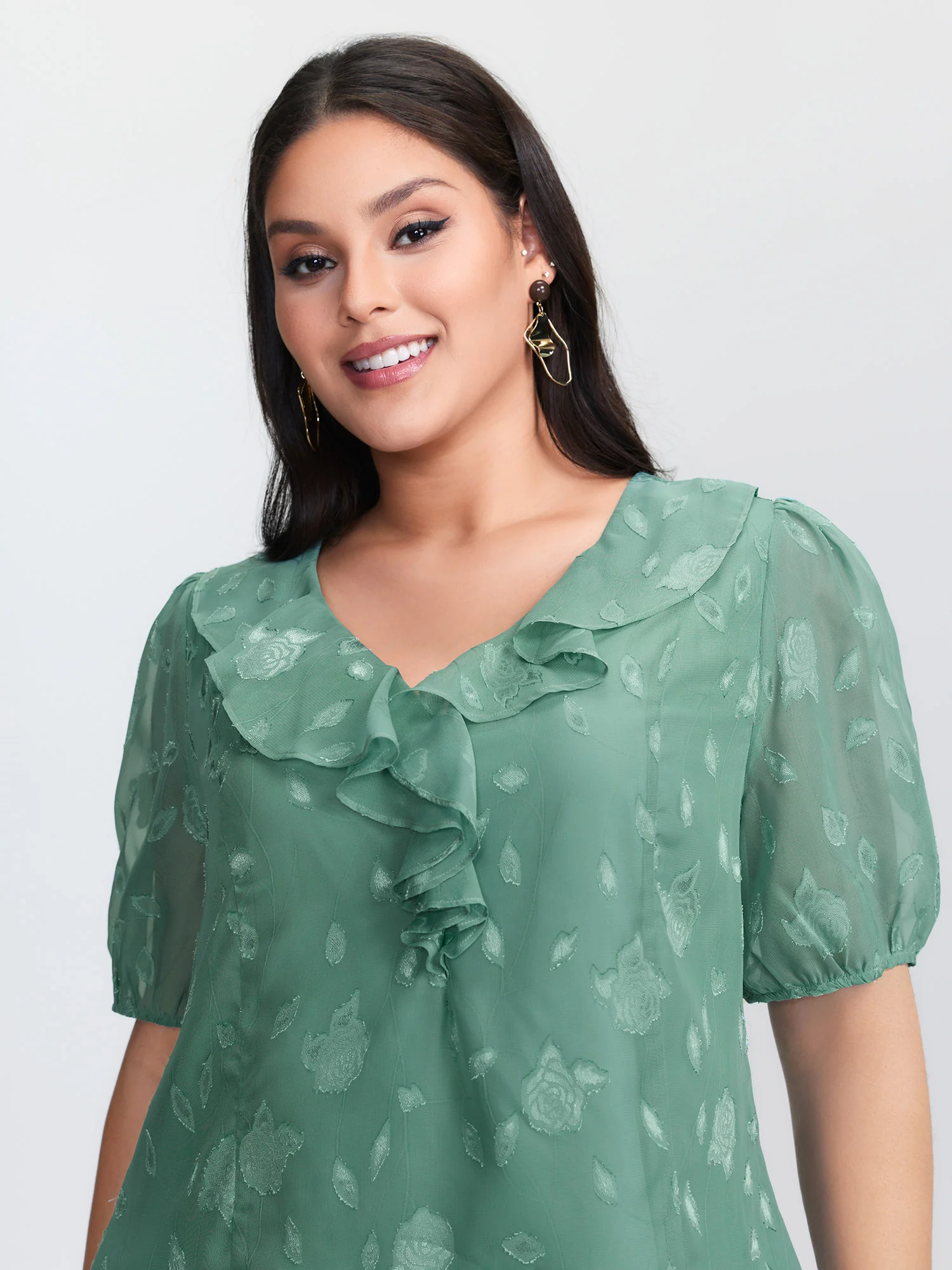 Lotus Leaf Neckline Textured Curvy Hem Blouse - Image 2