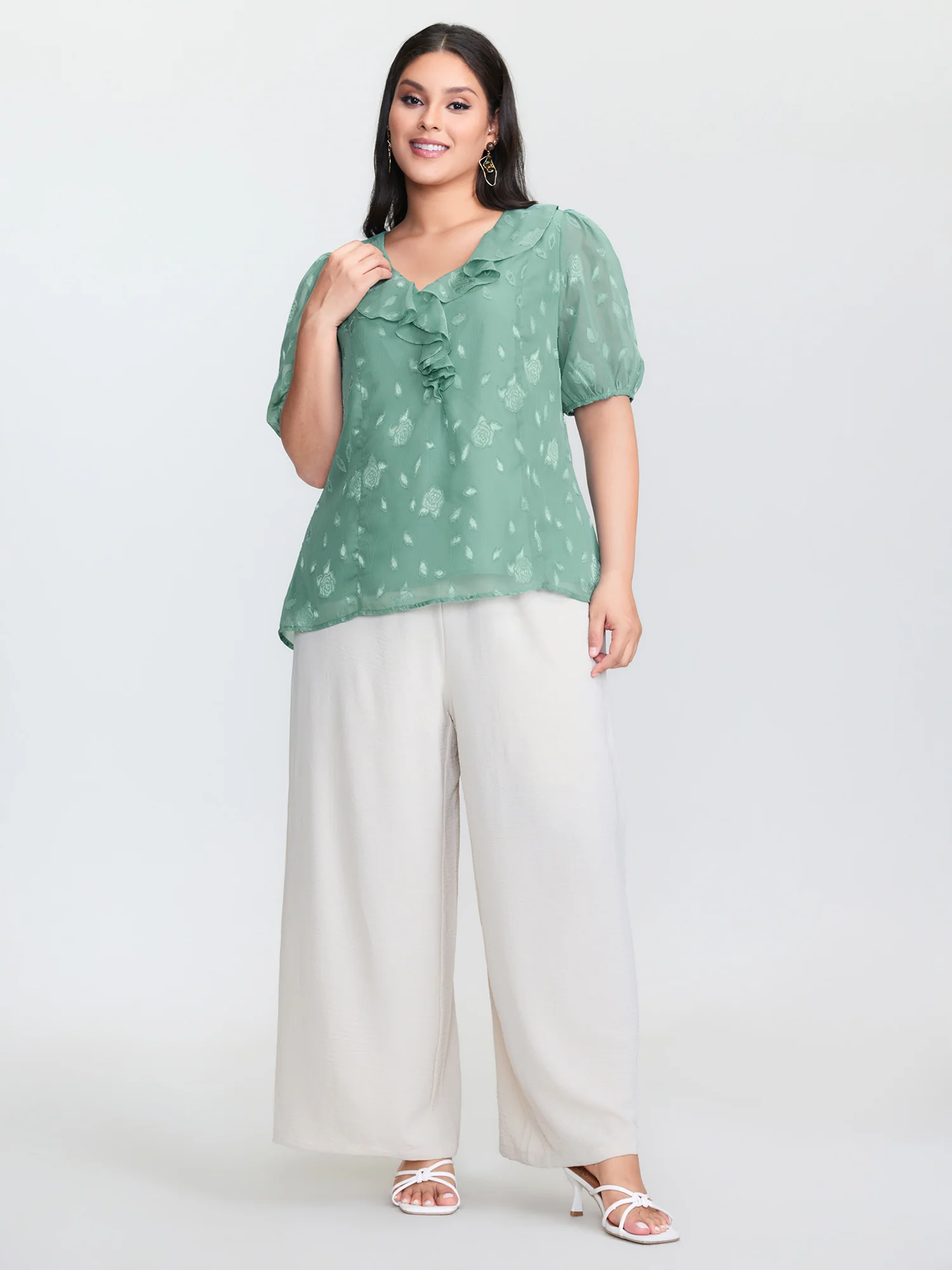 Lotus Leaf Neckline Textured Curvy Hem Blouse - Image 3