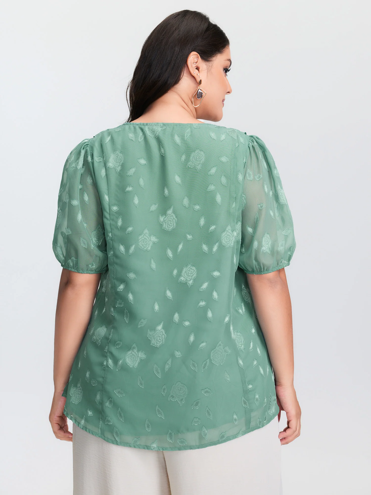 Lotus Leaf Neckline Textured Curvy Hem Blouse - Image 4