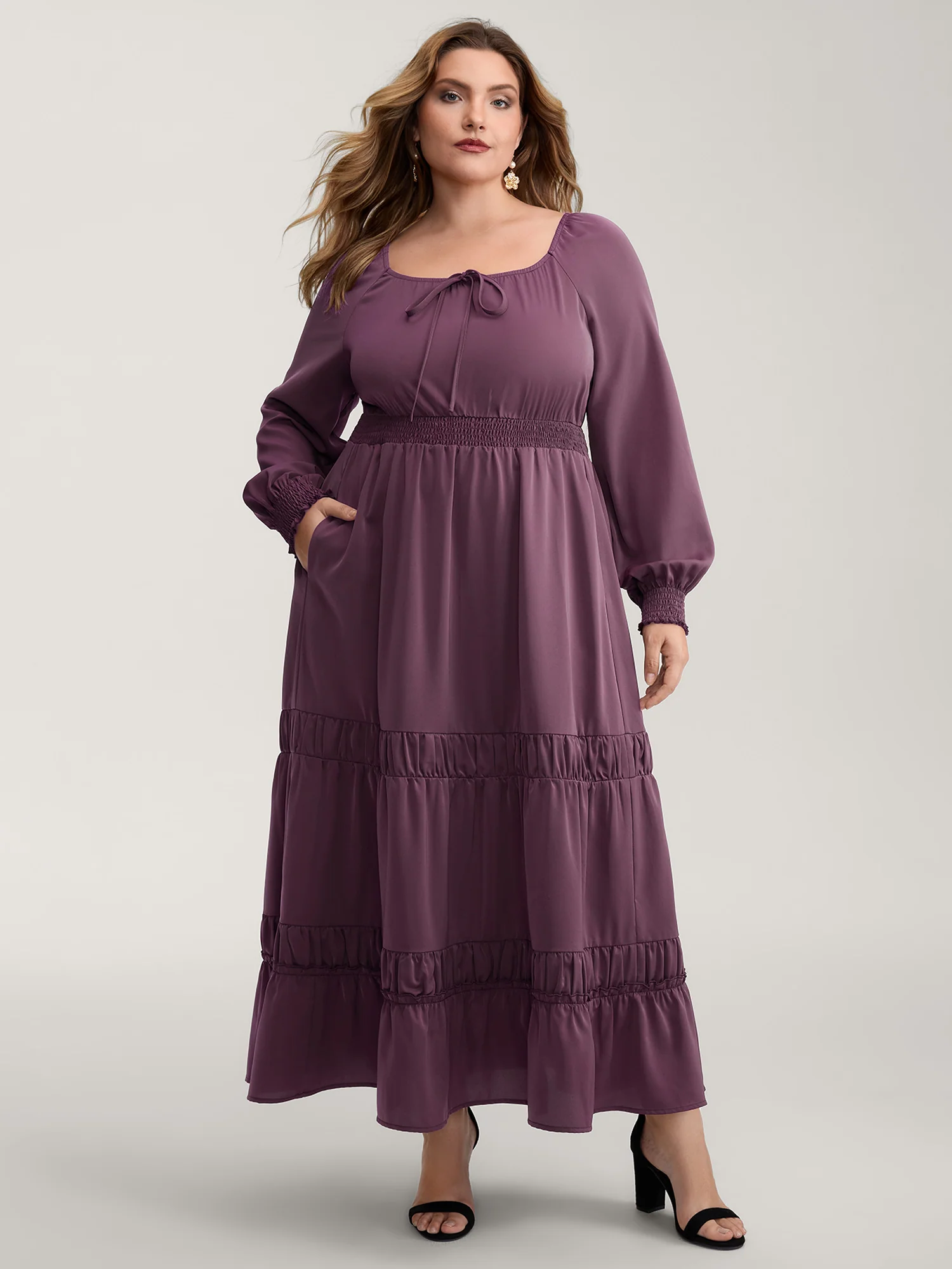 Lotus Leaf Shirred Waist Pockets Maxi Dress - Image 3