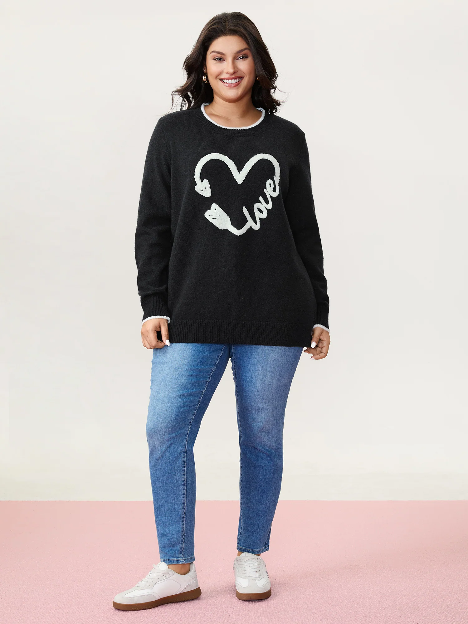 Love Pattern Embroidery Plain Pullover - Image 2