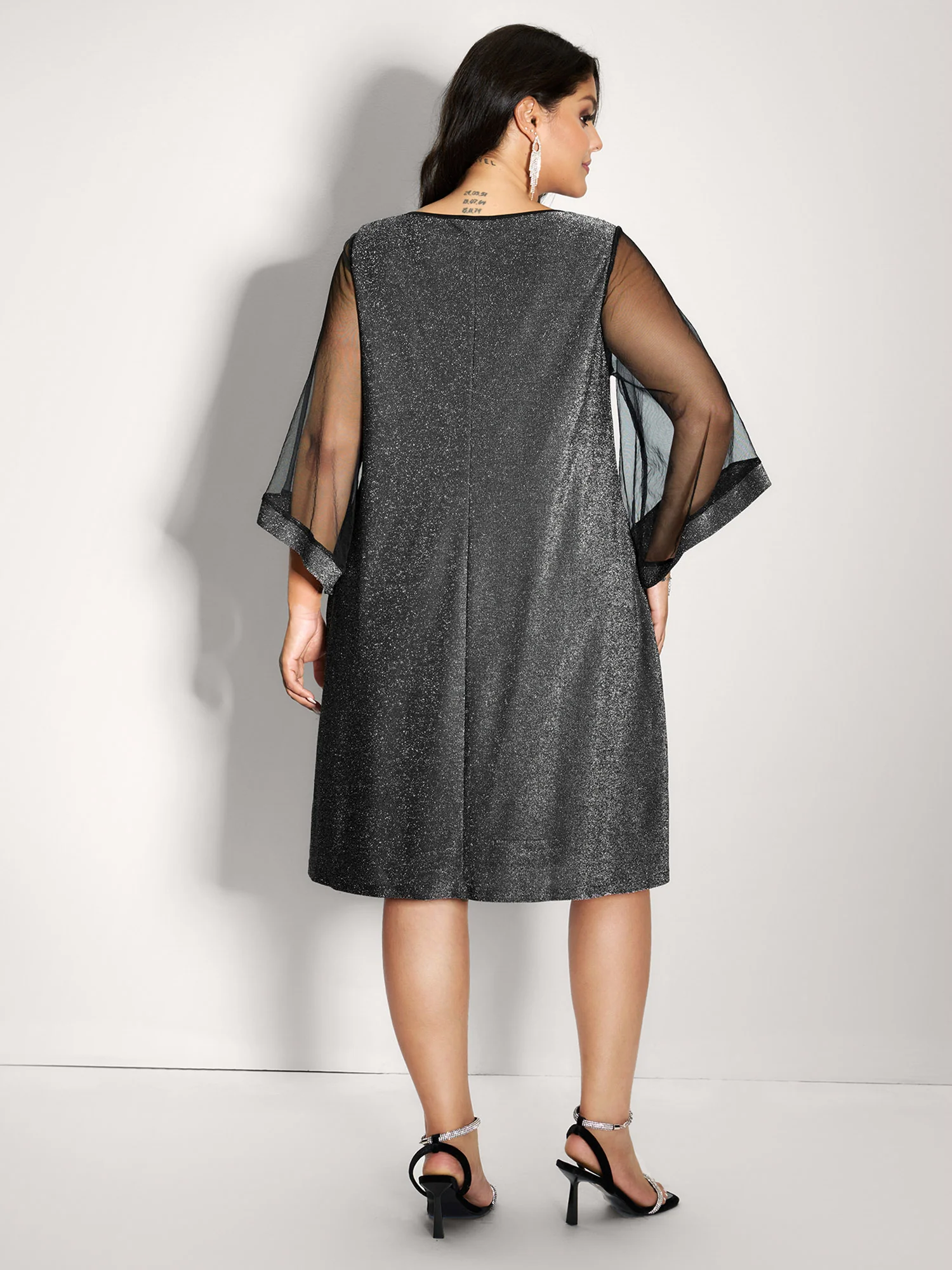Lurex Pockets Lined Sheer Sleeve Midi Dress - Image 4