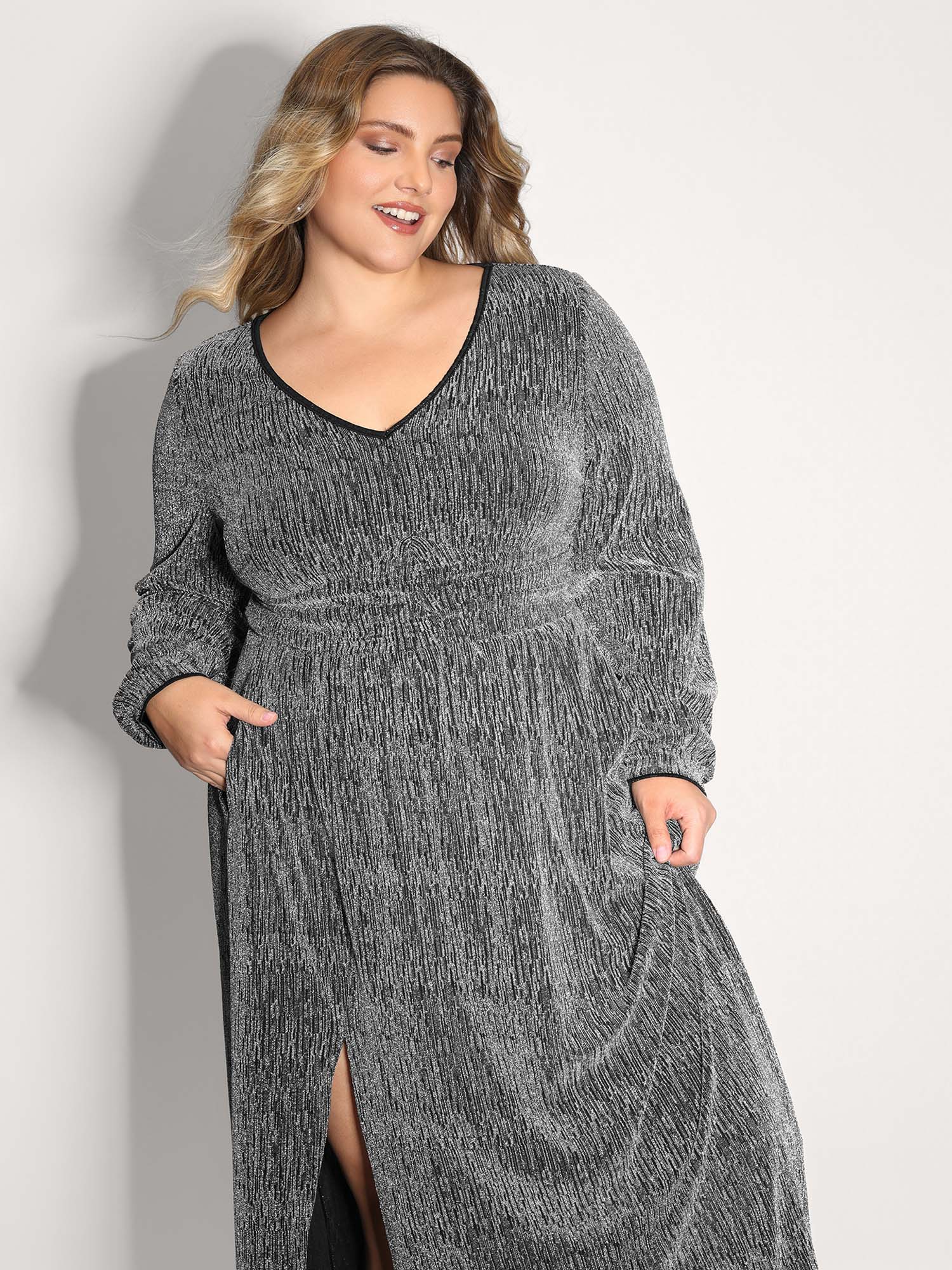 Lurex Side Slit Pleated Waist Maxi Dress - Image 2