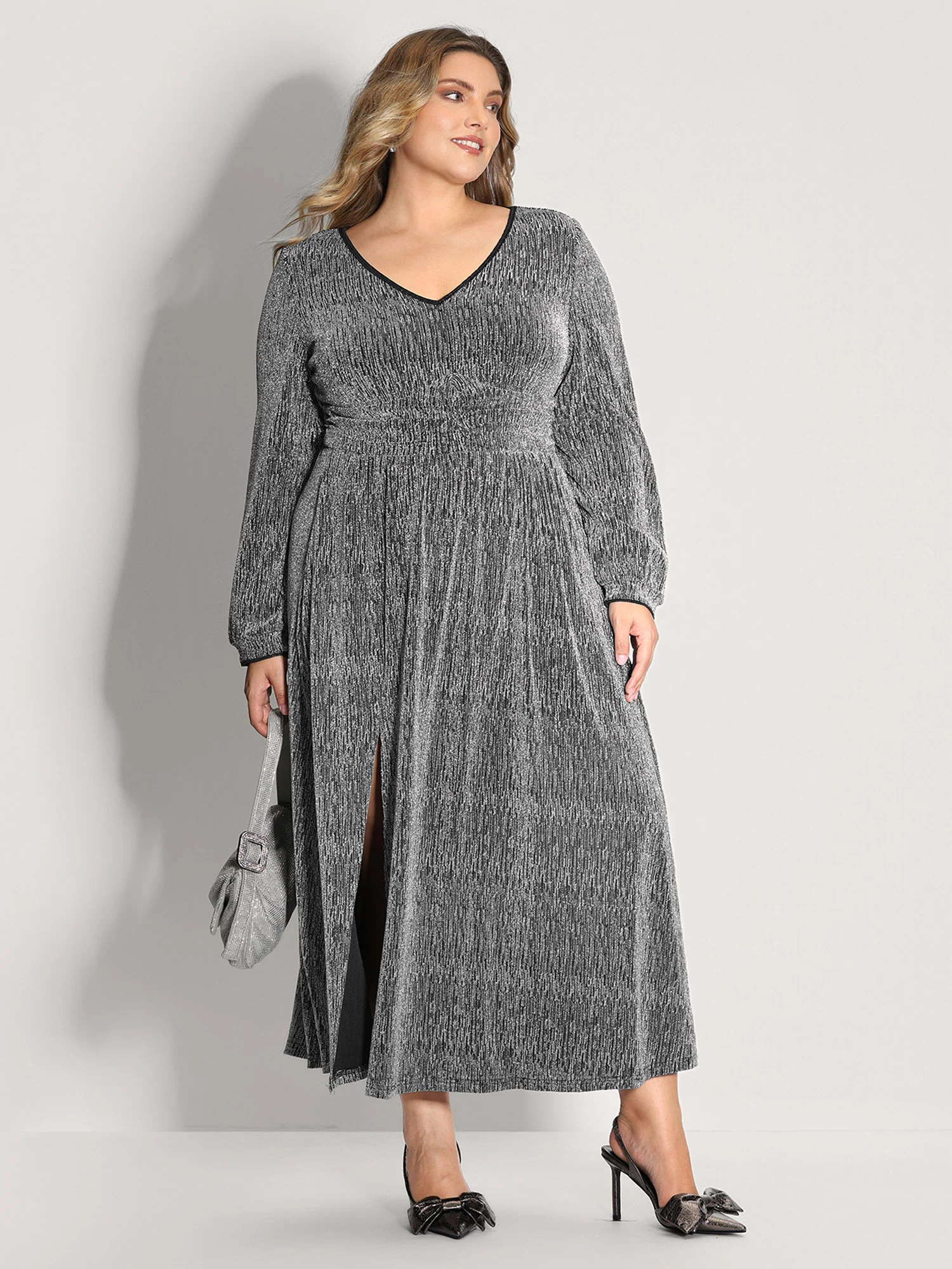 Lurex Side Slit Pleated Waist Maxi Dress - Image 3