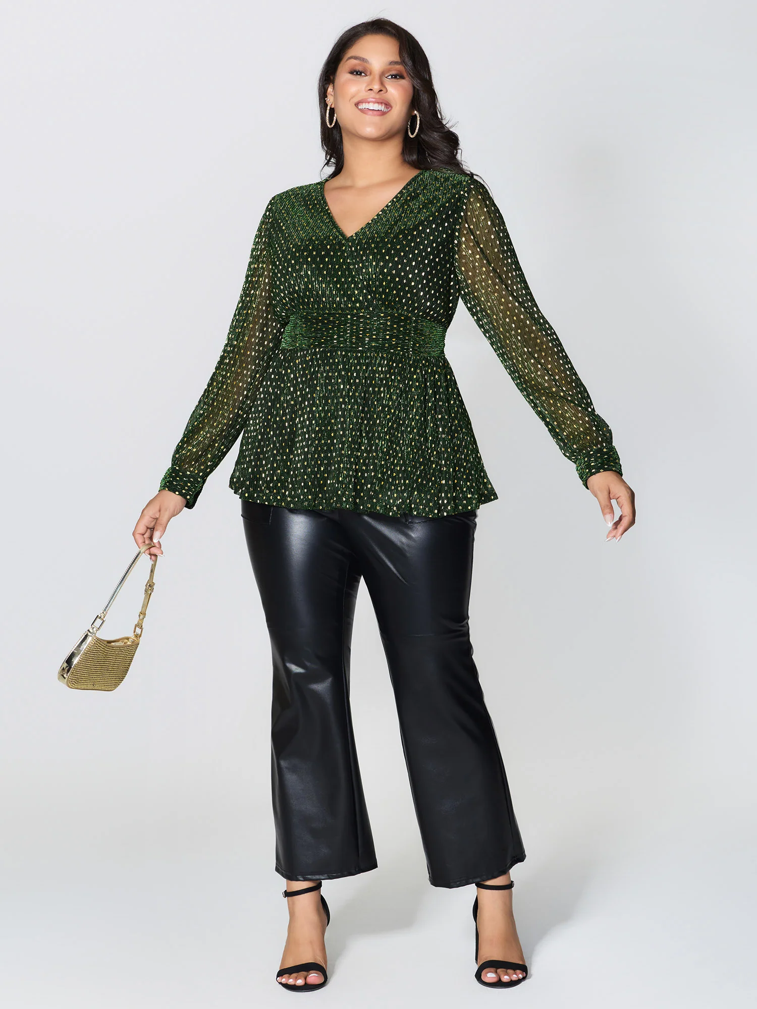 Lurex Textured Flared V-Neck Blouse - Image 3