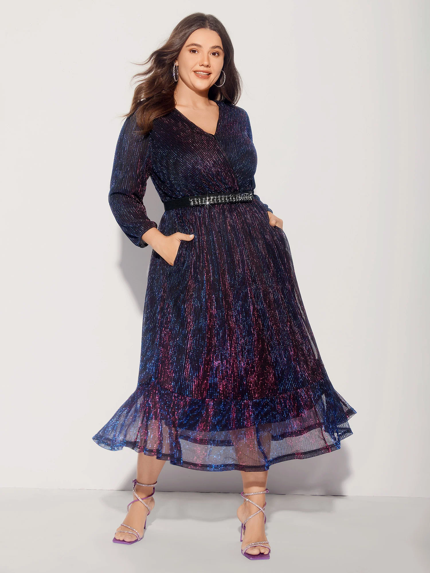 Luxe Mesh Pleated Elastic Waist Wrap Dress - Image 3