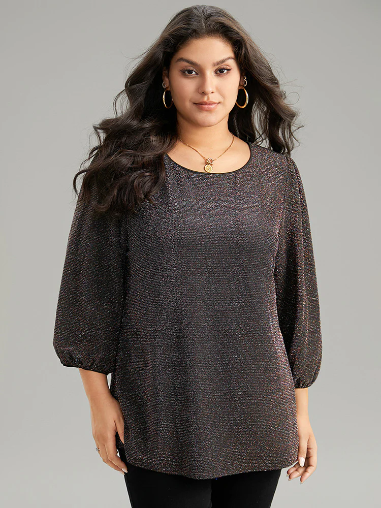 Lurex Round Neck Lantern Sleeve T-shirt - Image 3