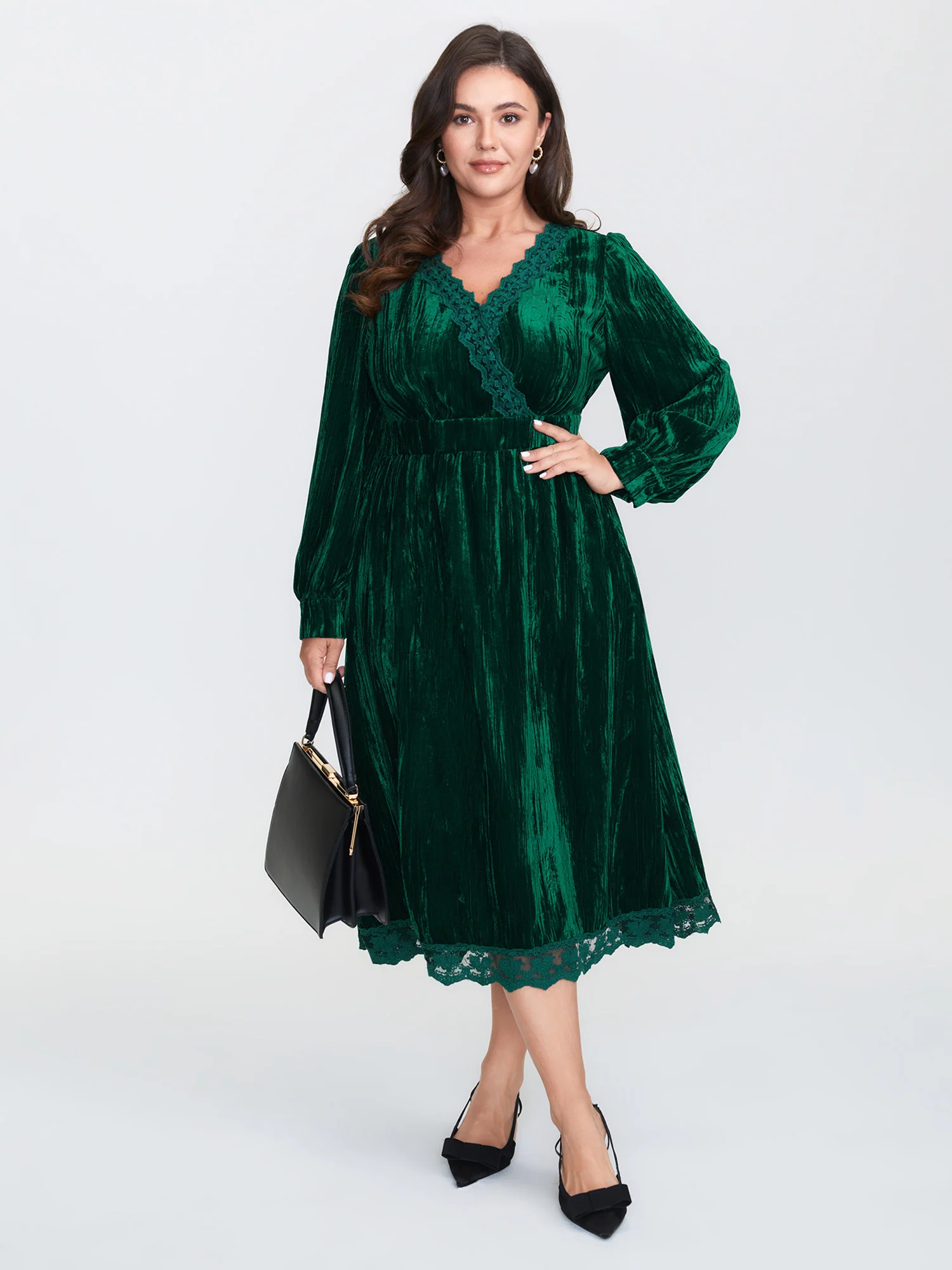 Luxe Textured Velvet Lace Trim Midi Dress - Image 2