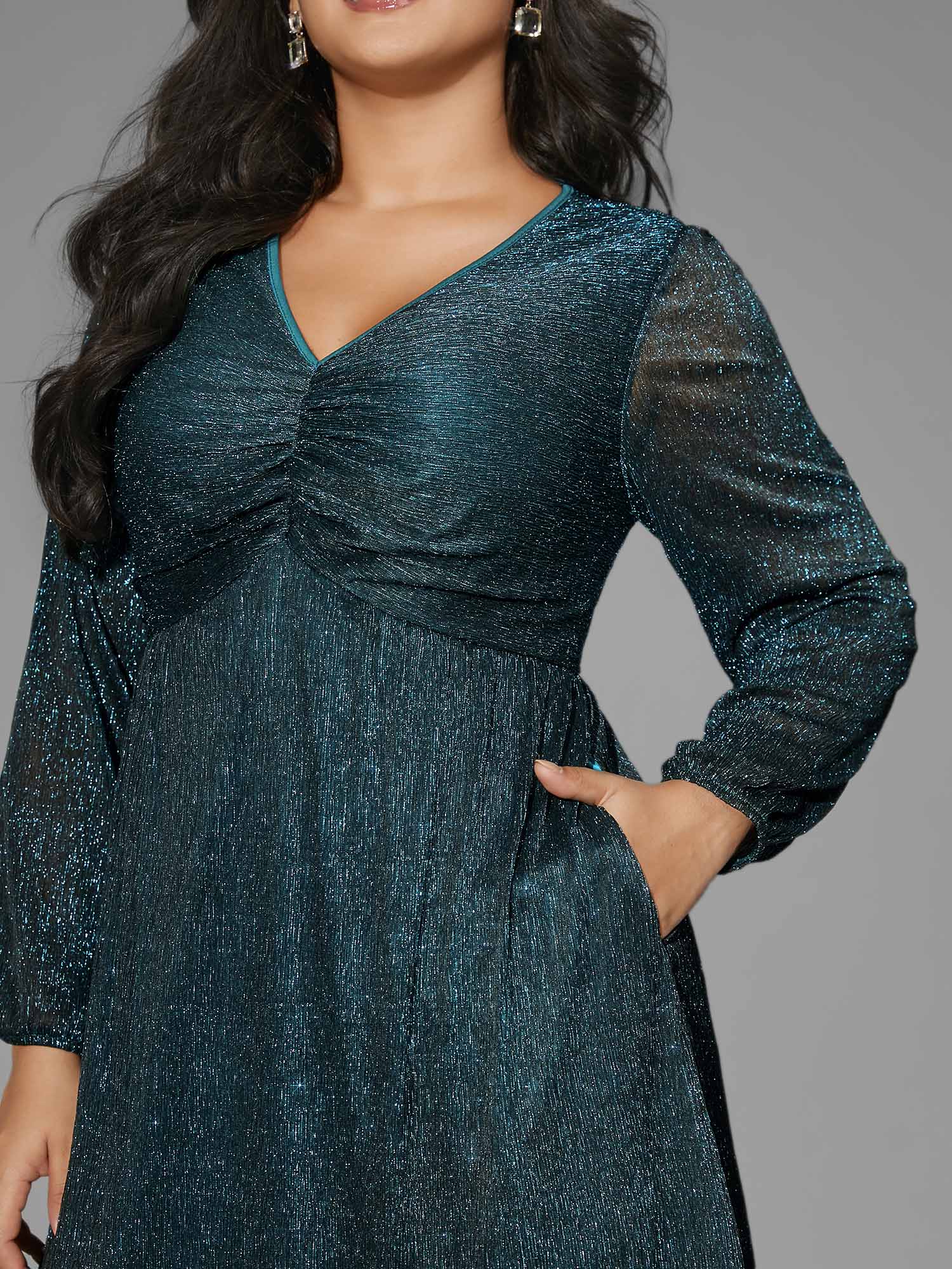 Luxe V Neck Ruched Mesh Dress - Image 2