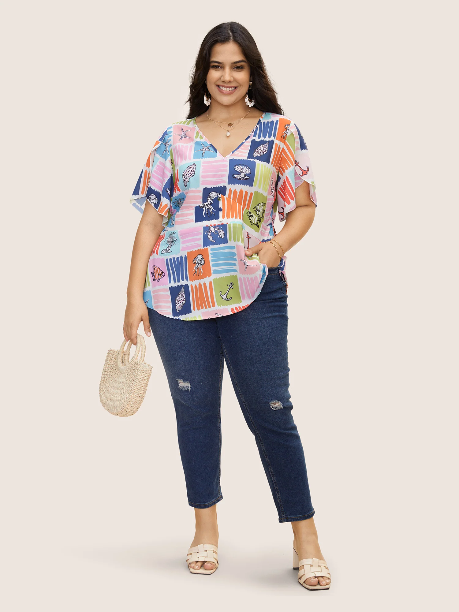 Marine Elements Contrast Petal Sleeve Blouse - Image 4