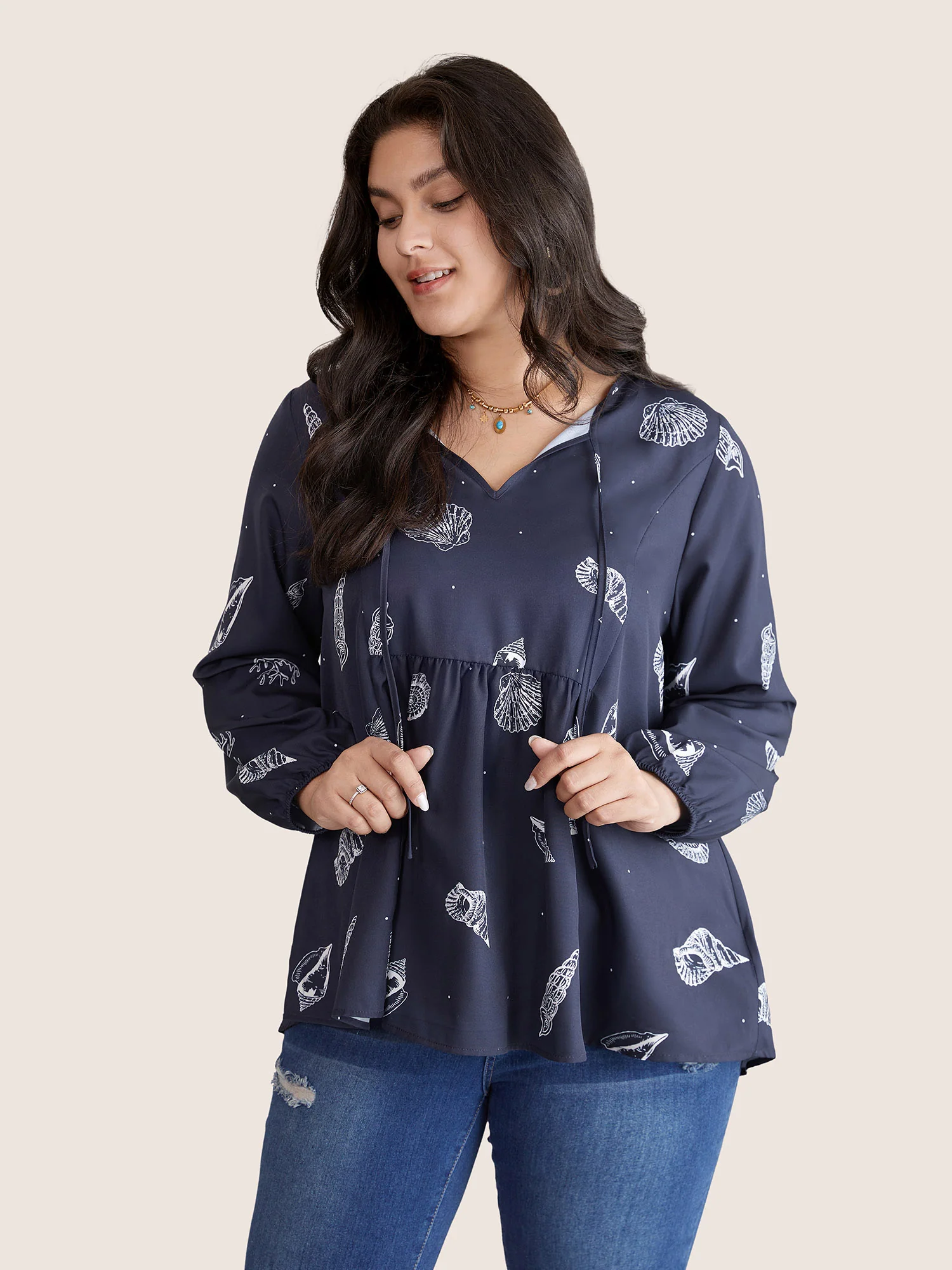 Marine Life Patterns Ties Gathered Blouse - Image 3
