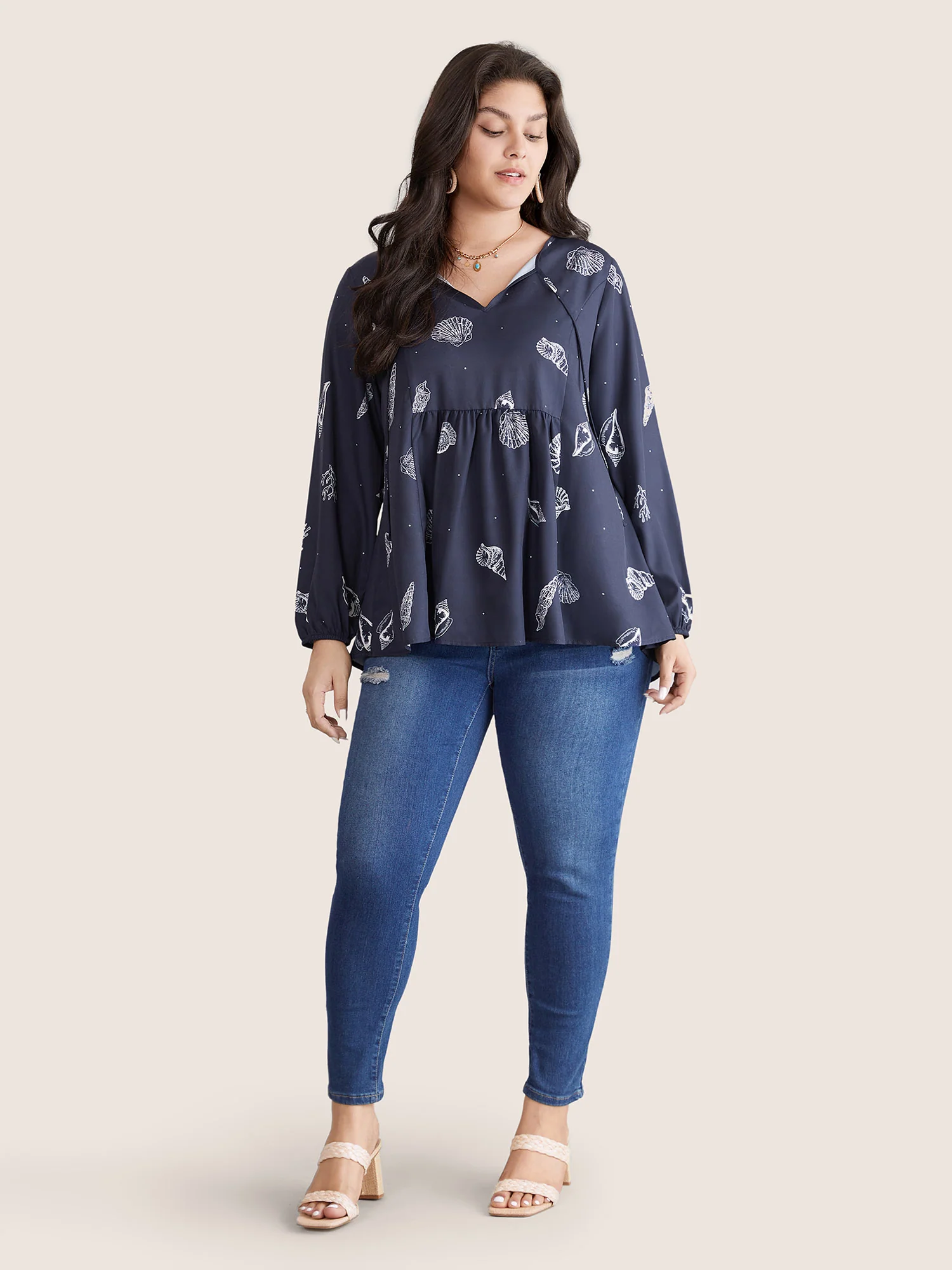 Marine Life Patterns Ties Gathered Blouse - Image 4