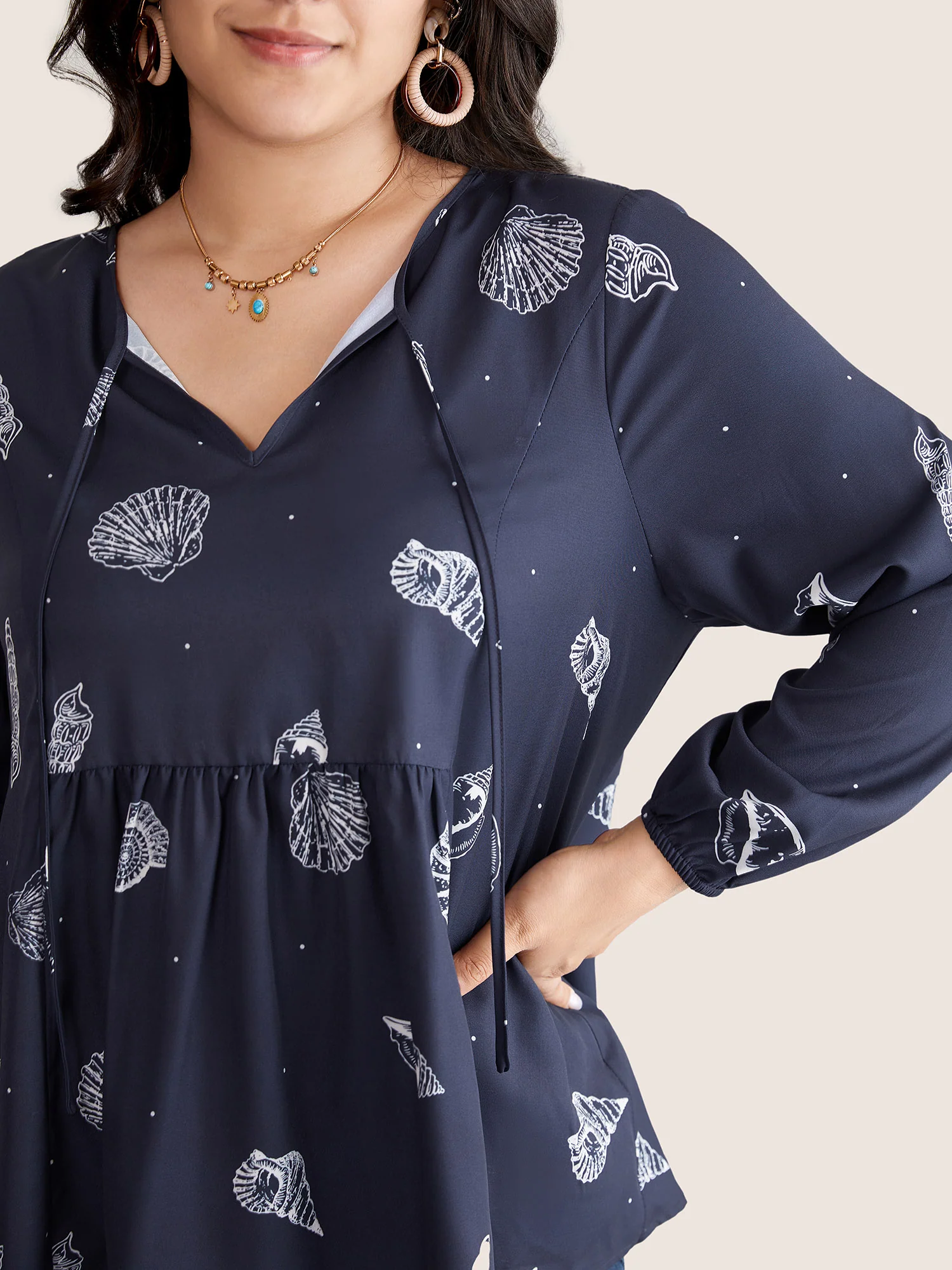 Marine Life Patterns Ties Gathered Blouse - Image 5