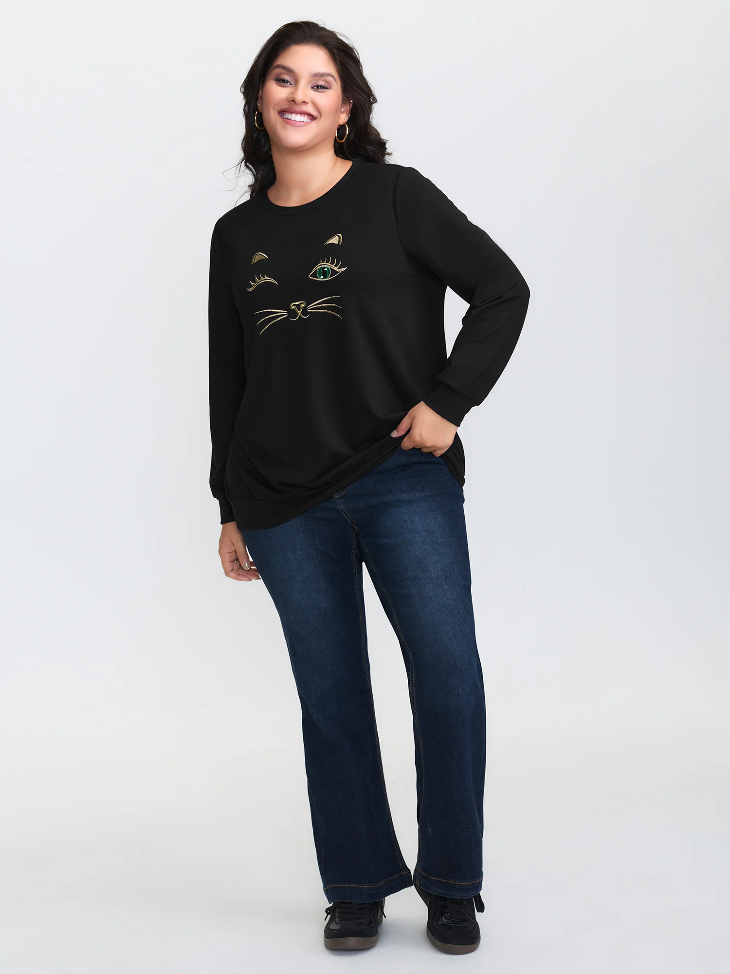 Meow Embroidery Stretchy Round Neck Sweatshirt - Image 3