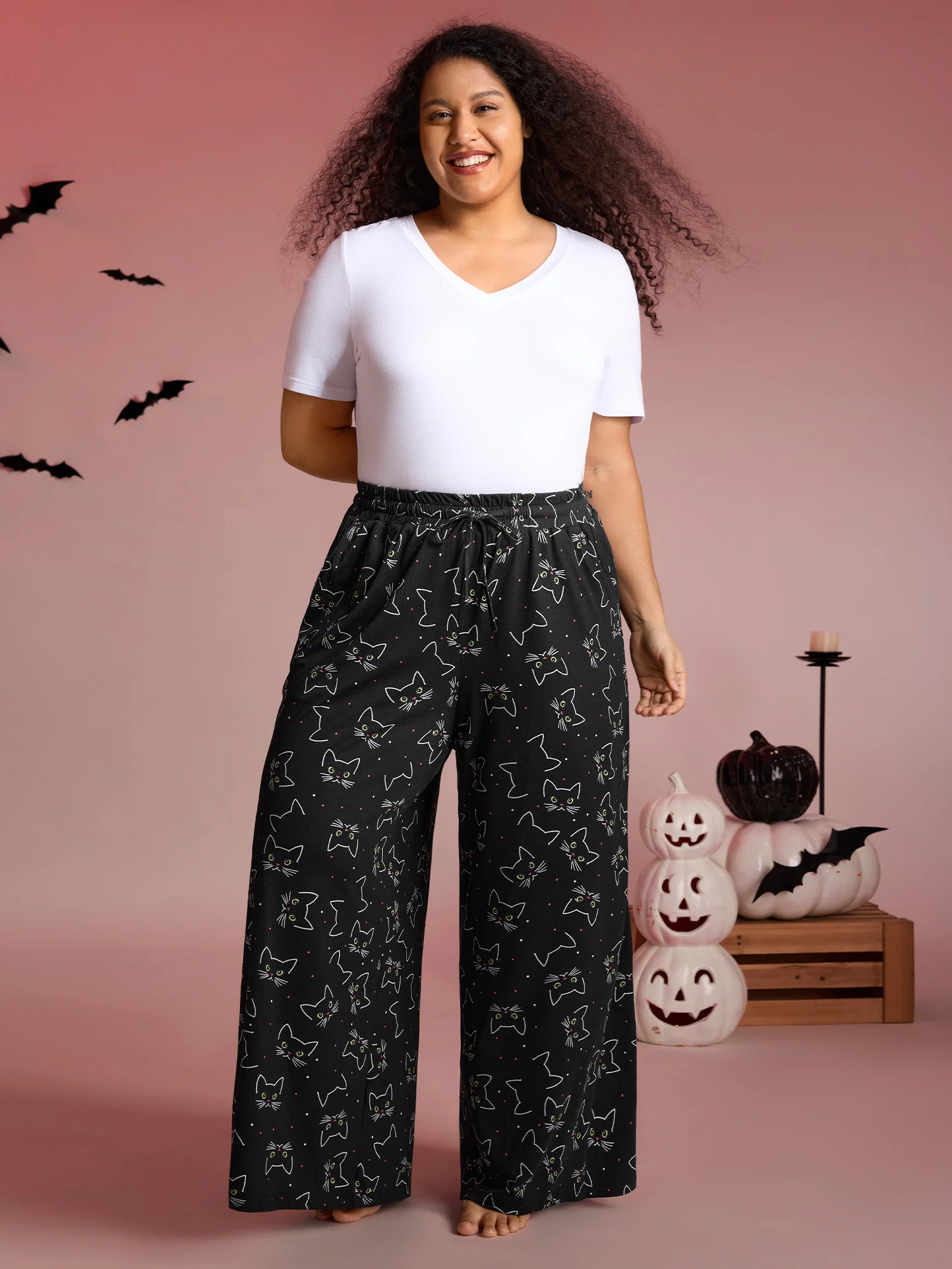 Meow Halloween Print Wide-Leg Lounge Pants - Image 2