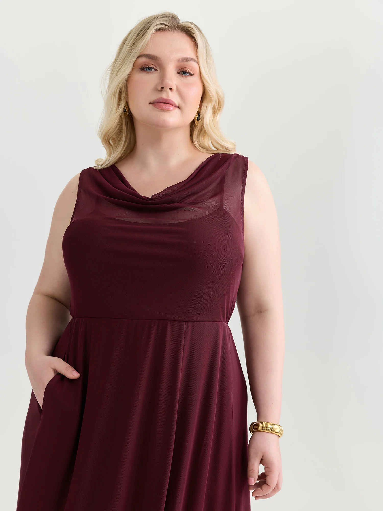 Mesh Cowl Neckline Flowy Midi Dress - Image 2