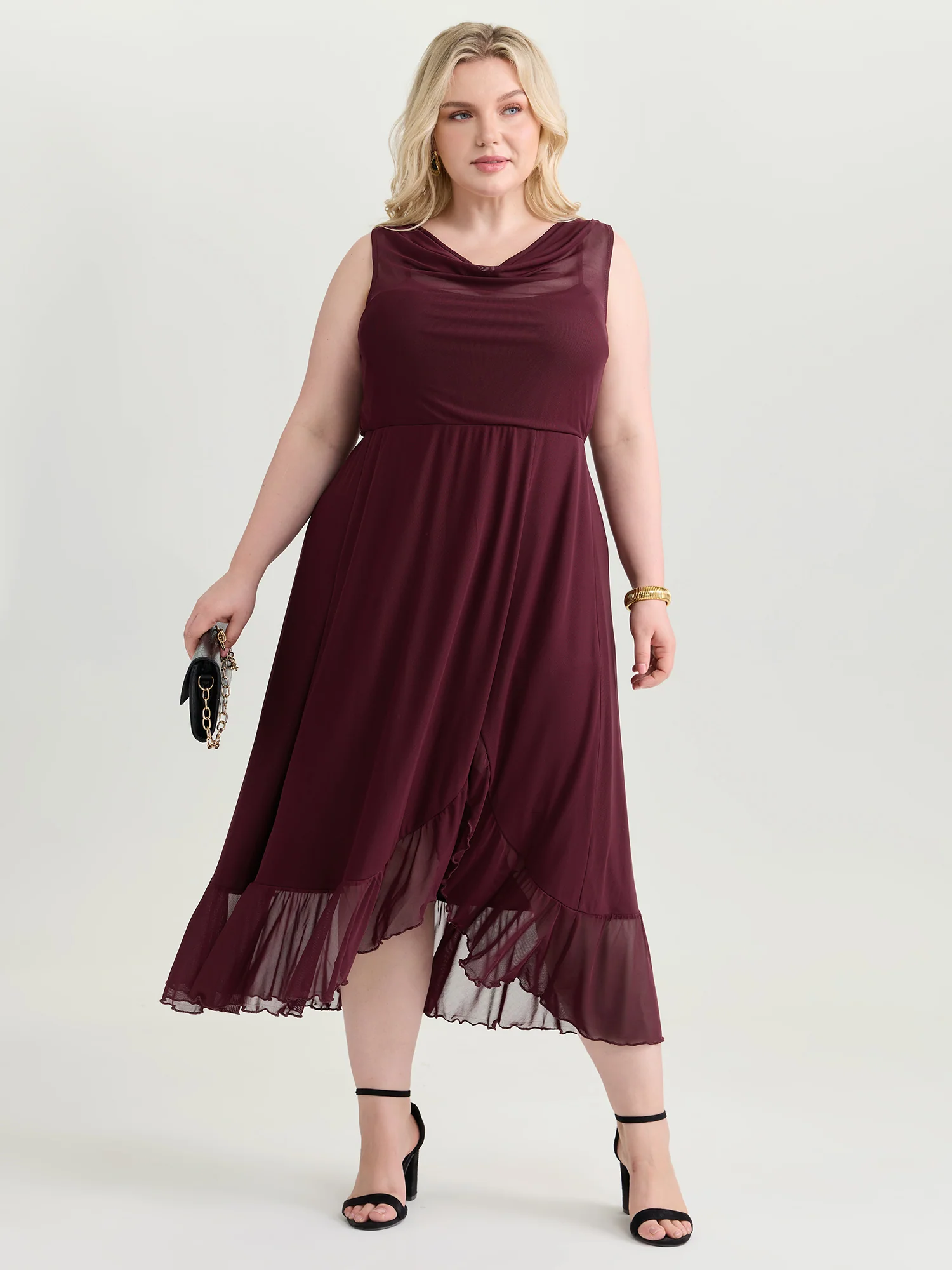 Mesh Cowl Neckline Flowy Midi Dress - Image 3