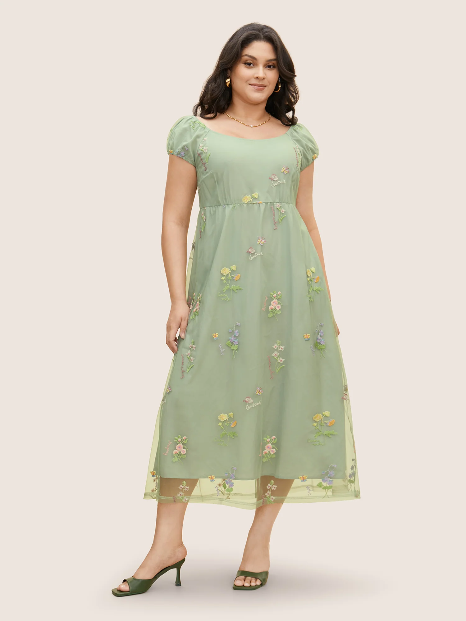 Mesh Floral Embroidered Cap Sleeve Midi Dress - Image 2