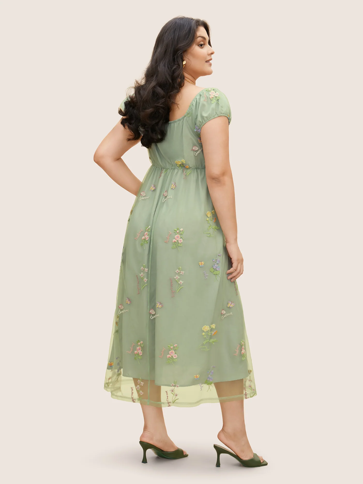 Mesh Floral Embroidered Cap Sleeve Midi Dress - Image 3