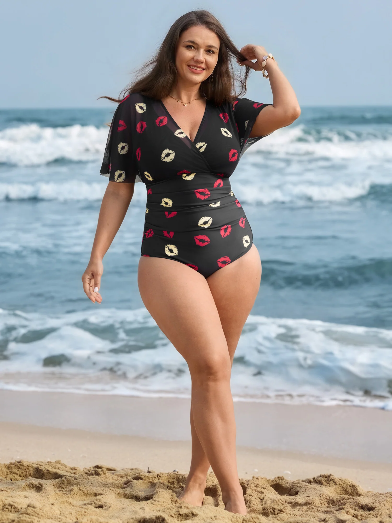 Mesh Lip Pattern Ruched One-Piece Swimsuit - Image 3