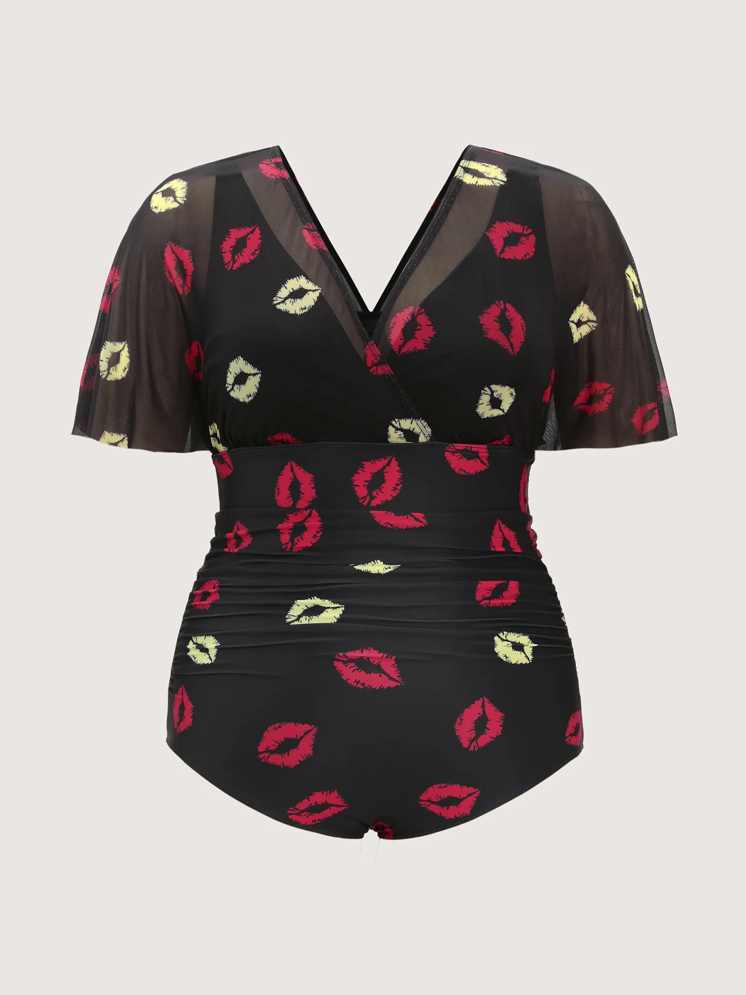 Mesh Lip Pattern Ruched One-Piece Swimsuit - Image 5