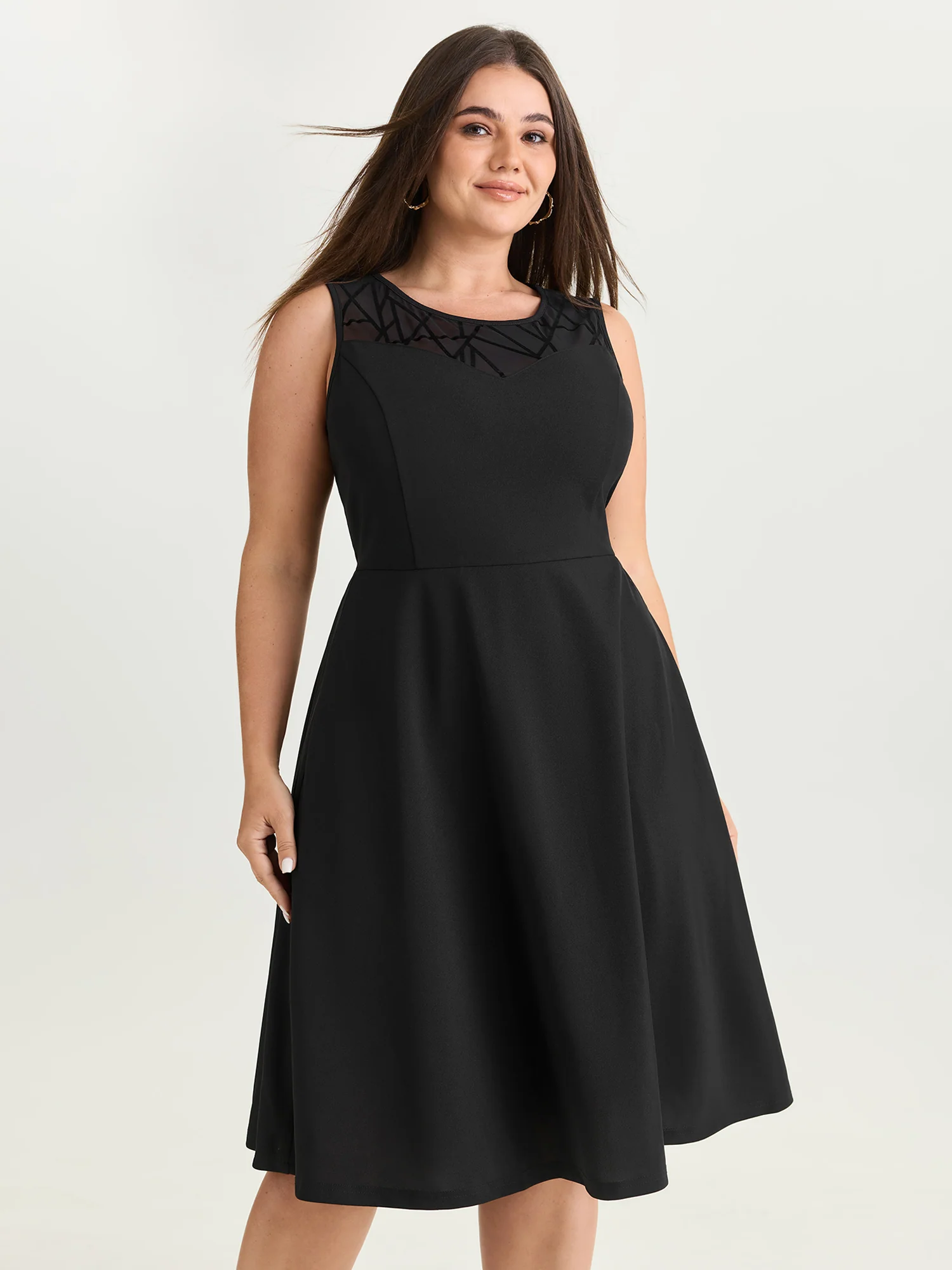 Mesh Neckline Sleeveless Fit And Flare Midi Dress - Image 2