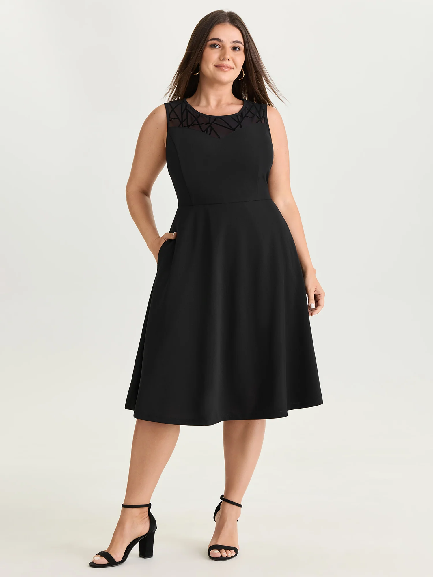 Mesh Neckline Sleeveless Fit And Flare Midi Dress - Image 3