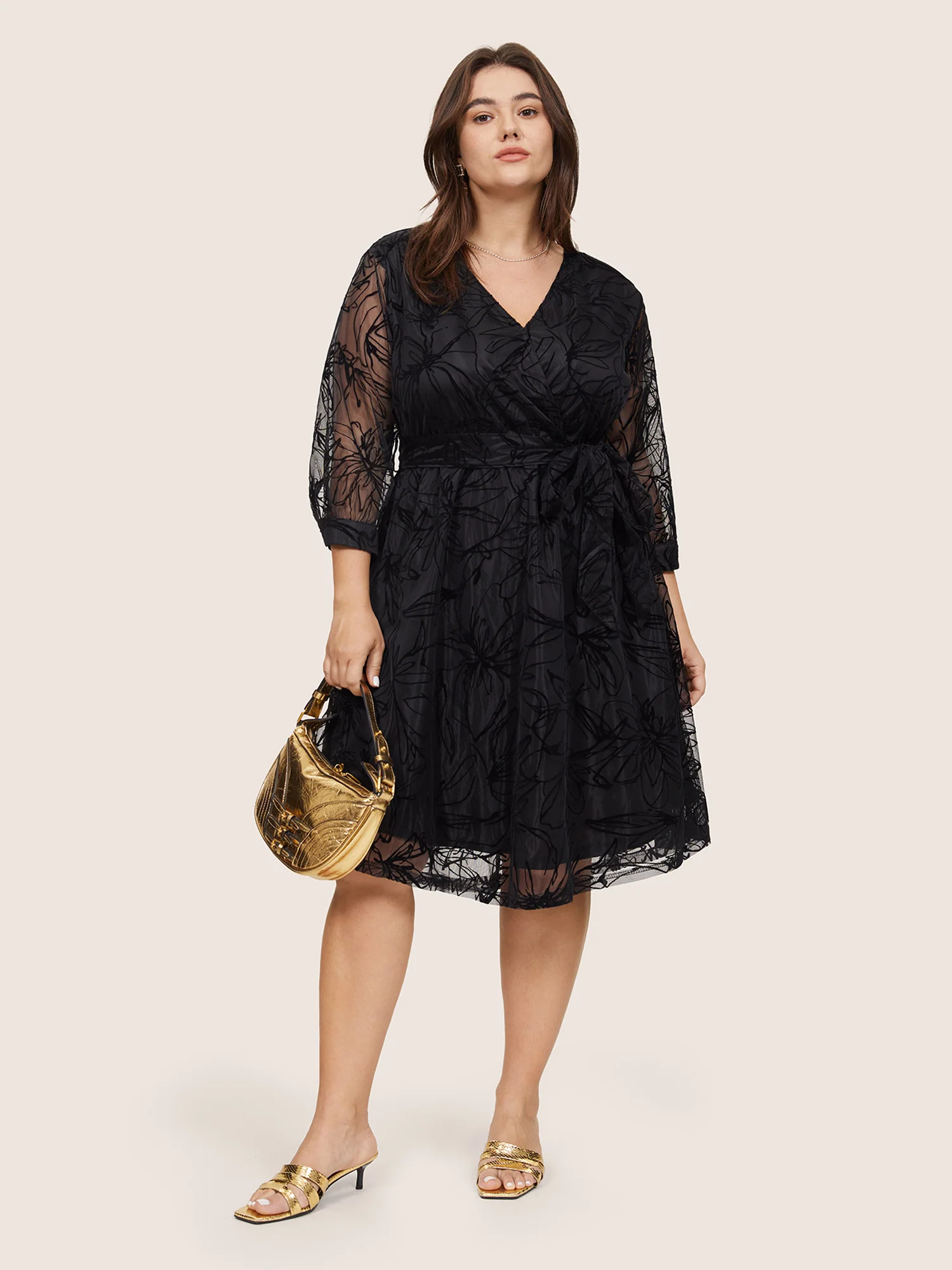 Floral Flocked Tulle Belted Dress - Image 3