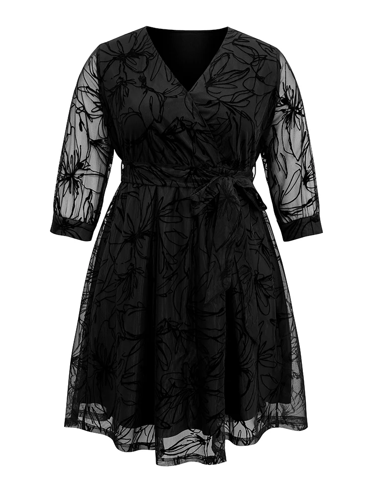 Floral Flocked Tulle Belted Dress - Image 5