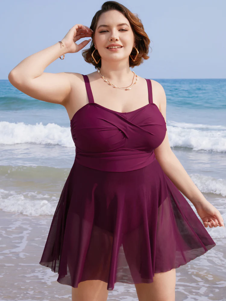 Mesh Patchwork Flutter Crossover Sculpt Waist Swim Dress